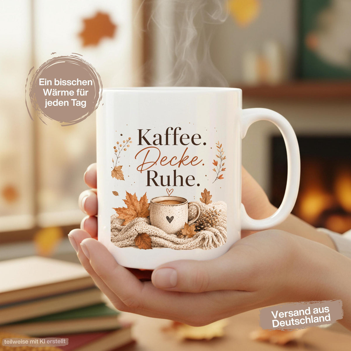 Herbst Tasse Kaffee Decke Ruhe als Geschenk für beste Freundin und Geschenk für Kaffeeliebhaber. Weiße Keramiktasse 330 ml mit gemütlichem Herbstmotiv, Kaffeetasse, Decke und Herbstblättern. Die Herbsttasse eignet sich als Me Time Geschenk, Selfcare Geschenk, Herbst Geschenk und Kaffeeliebhaber Geschenk. Keramiktasse für Cozy Season, Herbstzeit und gemütliche Kaffeemomente, spülmaschinenfest und ideal als Tasse mit Herbstmotiv, Herbst Kaffeebecher oder Geschenkidee für Kaffeeliebhaber.