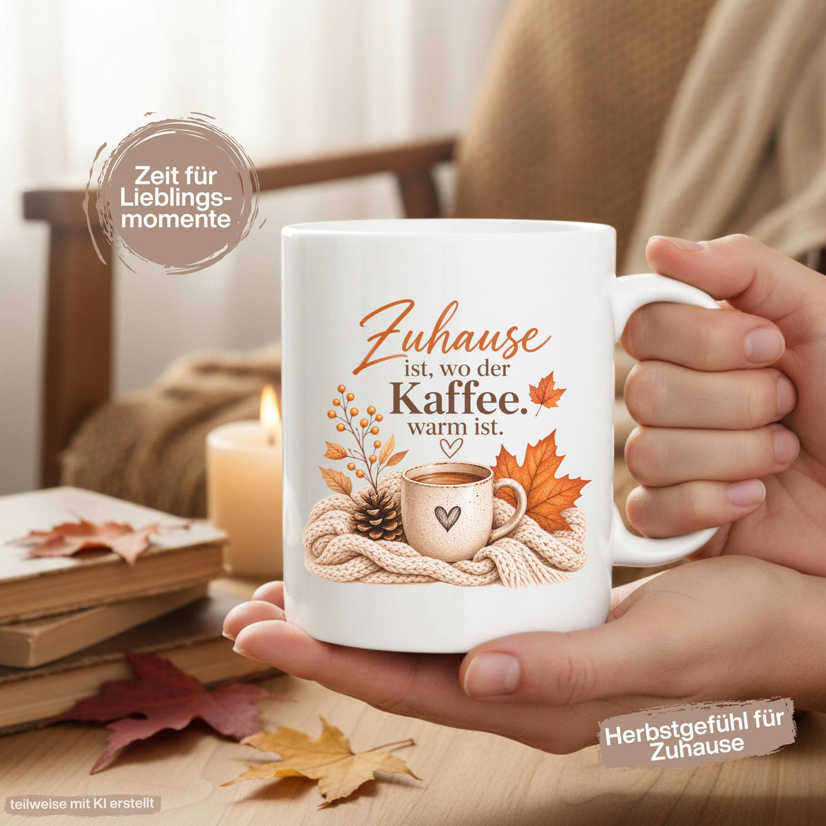 Herbst Tasse Zuhause ist wo der Kaffee warm ist als Geschenk für beste Freundin und Geschenk für Kaffeeliebhaber. Weiße Keramiktasse 330 ml mit gemütlichem Herbstmotiv, Kaffee, Strickdecke und Herbstblättern. Die Herbsttasse eignet sich als Kaffeeliebhaber Geschenk, Me Time Geschenk, Selfcare Geschenk und Herbst Geschenk. Kaffeetasse Herbst für Cozy Season und Herbstzeit, spülmaschinenfeste Keramiktasse als Tasse mit Herbstmotiv und Geschenkidee für Kaffeeliebhaber.