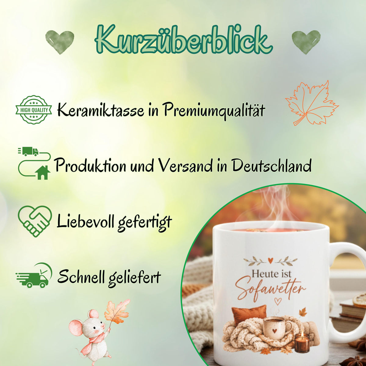 Herbst Tasse Heute ist Sofawetter als Geschenk für beste Freundin und Geschenk für Kaffeeliebhaber. Weiße Keramiktasse 330 ml mit gemütlichem Herbstmotiv, Kaffee, Decke, Kerze und Herbstblättern. Herbsttasse als Kaffeeliebhaber Geschenk, Me Time Geschenk, Selfcare Geschenk und Herbst Geschenk. Kaffeetasse Herbst für Cozy Season und Herbstzeit, spülmaschinenfeste Keramiktasse als Tasse mit Herbstmotiv und gemütliche Geschenkidee für Kaffeeliebhaber.