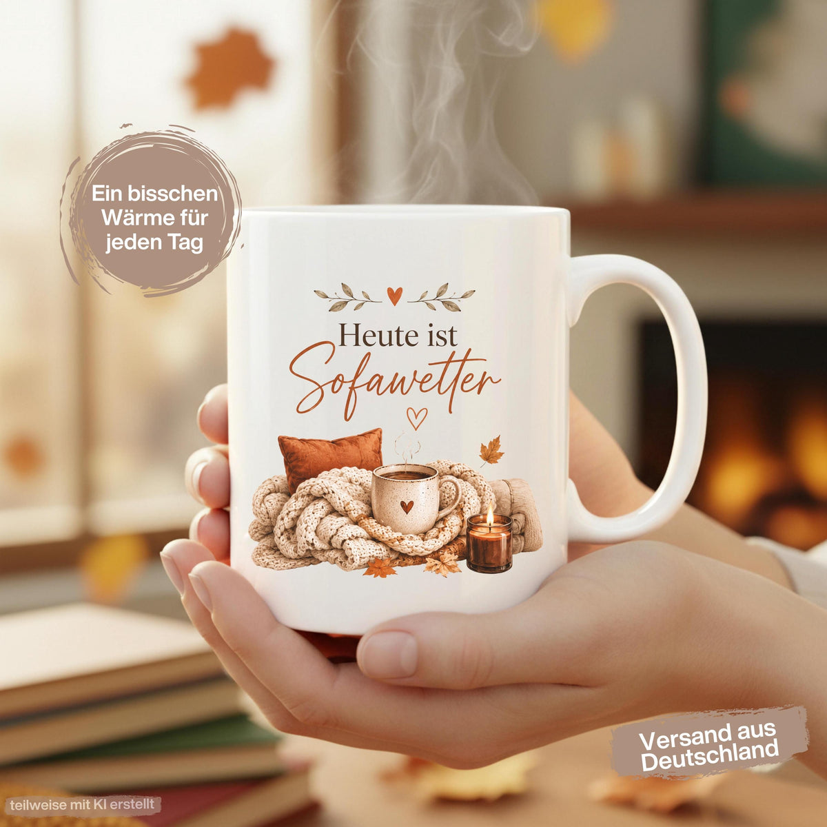 Herbst Tasse Heute ist Sofawetter als Geschenk für beste Freundin und Geschenk für Kaffeeliebhaber. Weiße Keramiktasse 330 ml mit gemütlichem Herbstmotiv, Kaffee, Decke, Kerze und Herbstblättern. Herbsttasse als Kaffeeliebhaber Geschenk, Me Time Geschenk, Selfcare Geschenk und Herbst Geschenk. Kaffeetasse Herbst für Cozy Season und Herbstzeit, spülmaschinenfeste Keramiktasse als Tasse mit Herbstmotiv und gemütliche Geschenkidee für Kaffeeliebhaber.