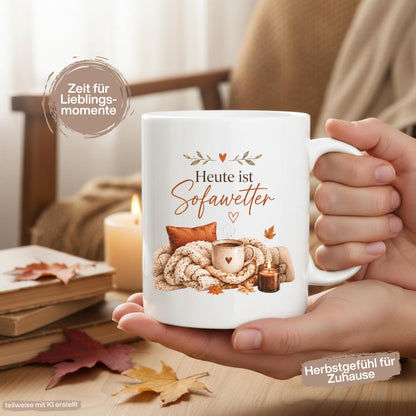 Herbst Tasse Heute ist Sofawetter als Geschenk für beste Freundin und Geschenk für Kaffeeliebhaber. Weiße Keramiktasse 330 ml mit gemütlichem Herbstmotiv, Kaffee, Decke, Kerze und Herbstblättern. Herbsttasse als Kaffeeliebhaber Geschenk, Me Time Geschenk, Selfcare Geschenk und Herbst Geschenk. Kaffeetasse Herbst für Cozy Season und Herbstzeit, spülmaschinenfeste Keramiktasse als Tasse mit Herbstmotiv und gemütliche Geschenkidee für Kaffeeliebhaber.