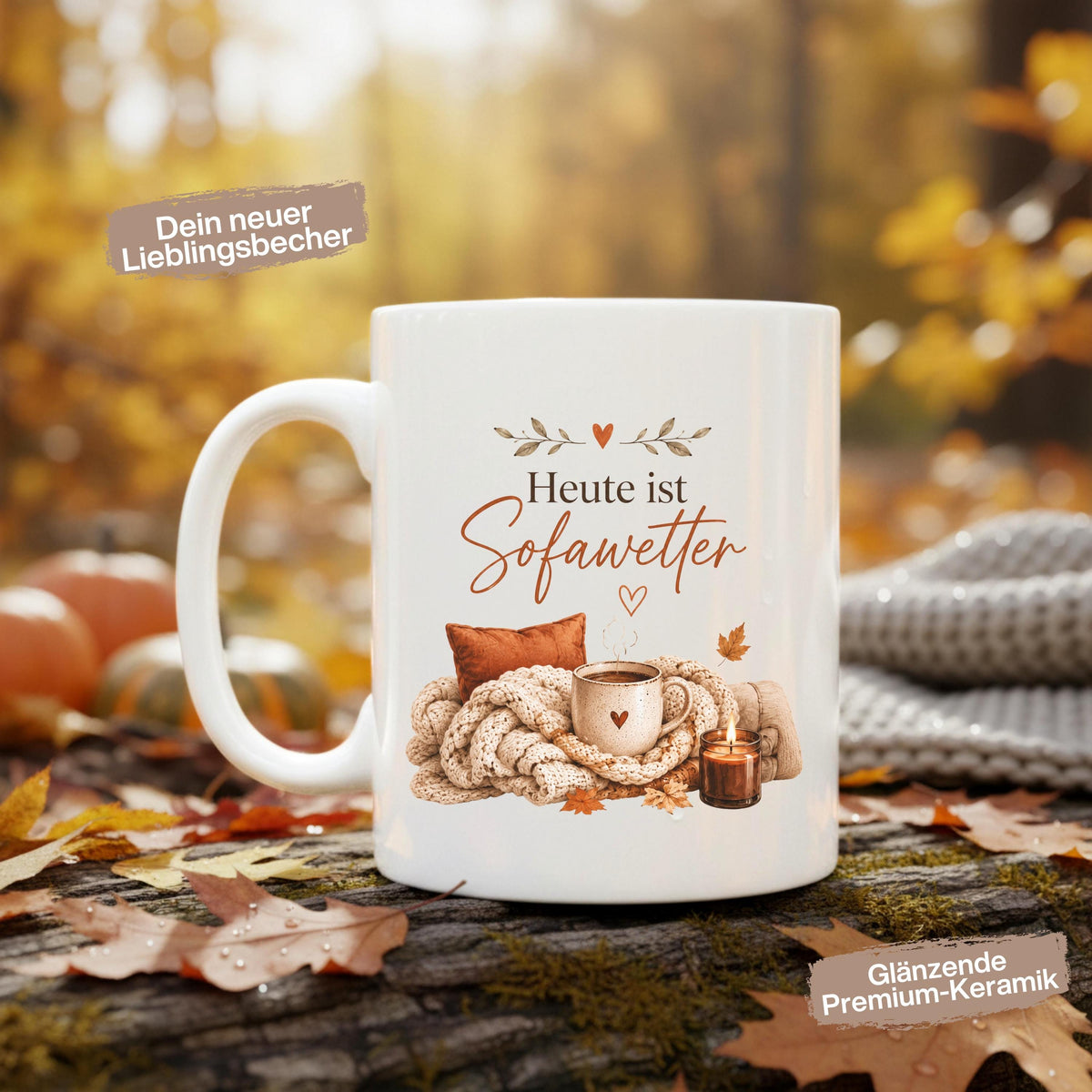 Herbst Tasse Heute ist Sofawetter als Geschenk für beste Freundin und Geschenk für Kaffeeliebhaber. Weiße Keramiktasse 330 ml mit gemütlichem Herbstmotiv, Kaffee, Decke, Kerze und Herbstblättern. Herbsttasse als Kaffeeliebhaber Geschenk, Me Time Geschenk, Selfcare Geschenk und Herbst Geschenk. Kaffeetasse Herbst für Cozy Season und Herbstzeit, spülmaschinenfeste Keramiktasse als Tasse mit Herbstmotiv und gemütliche Geschenkidee für Kaffeeliebhaber.