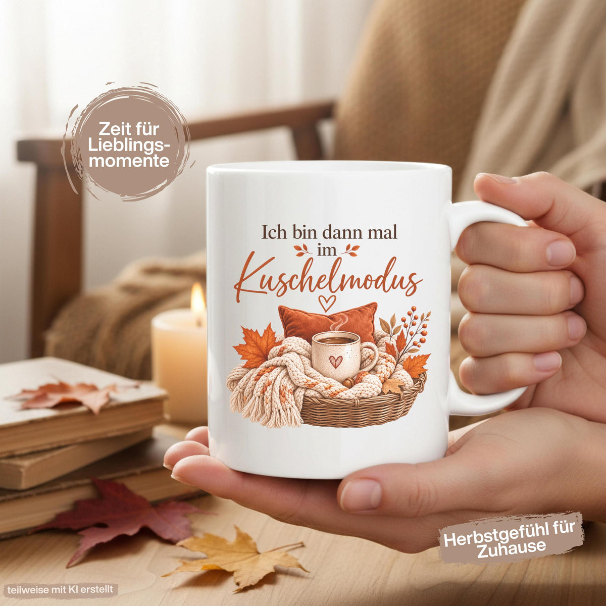 Herbst Tasse Ich bin dann mal im Kuschelmodus als Geschenk für beste Freundin und Geschenk für Kaffeeliebhaber. Weiße Keramiktasse 330 ml mit gemütlichem Herbstmotiv, Kaffee, Strickdecke, Kissen und Herbstblättern. Herbsttasse als Kaffeeliebhaber Geschenk, Me Time Geschenk, Selfcare Geschenk und Herbst Geschenk. Kaffeetasse Herbst für Cozy Season und Herbstzeit, spülmaschinenfeste Keramiktasse als Tasse mit Herbstmotiv und Geschenkidee für Kaffeeliebhaber.