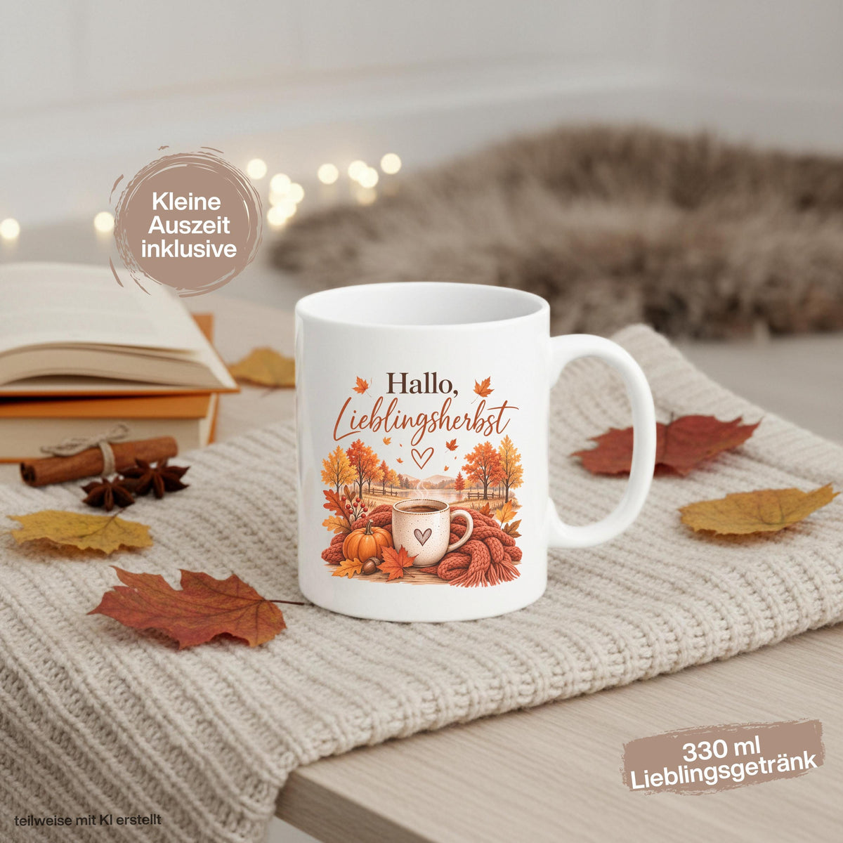 Herbst Tasse Hallo Lieblingsherbst als Geschenk für beste Freundin und Geschenk für Kaffeeliebhaber. Weiße Keramiktasse 330 ml mit Kürbis, Kaffee, Herbstblättern, Strickdecke und herbstlicher Landschaft. Kürbis Tasse und Herbsttasse als Kaffeeliebhaber Geschenk, Herbst Geschenk und gemütliche Tasse für Cozy Season. Kaffeetasse Herbst als Keramiktasse mit Herbstmotiv für Herbstzeit, Me Time, Kaffee- und Kürbisfans, produziert und versendet aus Deutschland.  Herbstgeschenke Cozy season