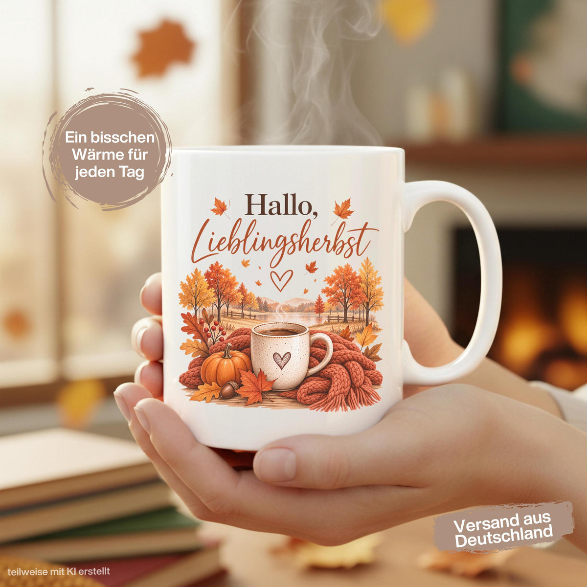 Herbst Tasse Hallo Lieblingsherbst als Geschenk für beste Freundin und Geschenk für Kaffeeliebhaber. Weiße Keramiktasse 330 ml mit Kürbis, Kaffee, Herbstblättern, Strickdecke und herbstlicher Landschaft. Kürbis Tasse und Herbsttasse als Kaffeeliebhaber Geschenk, Herbst Geschenk und gemütliche Tasse für Cozy Season. Kaffeetasse Herbst als Keramiktasse mit Herbstmotiv für Herbstzeit, Me Time, Kaffee- und Kürbisfans, produziert und versendet aus Deutschland.  Herbstgeschenke Cozy season