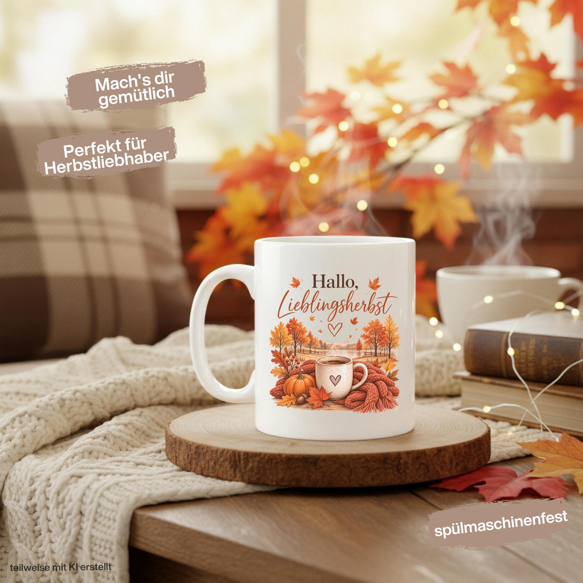 Herbst Tasse Hallo Lieblingsherbst als Geschenk für beste Freundin und Geschenk für Kaffeeliebhaber. Weiße Keramiktasse 330 ml mit Kürbis, Kaffee, Herbstblättern, Strickdecke und herbstlicher Landschaft. Kürbis Tasse und Herbsttasse als Kaffeeliebhaber Geschenk, Herbst Geschenk und gemütliche Tasse für Cozy Season. Kaffeetasse Herbst als Keramiktasse mit Herbstmotiv für Herbstzeit, Me Time, Kaffee- und Kürbisfans, produziert und versendet aus Deutschland.  Herbstgeschenke Cozy season