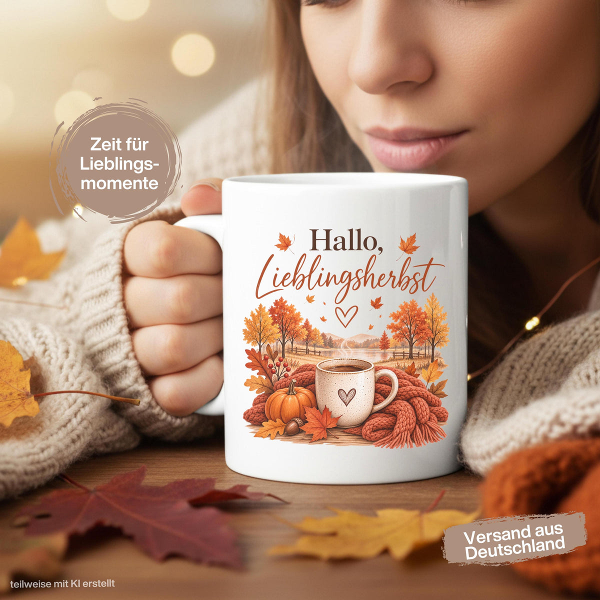 Herbst Tasse Hallo Lieblingsherbst als Geschenk für beste Freundin und Geschenk für Kaffeeliebhaber. Weiße Keramiktasse 330 ml mit Kürbis, Kaffee, Herbstblättern, Strickdecke und herbstlicher Landschaft. Kürbis Tasse und Herbsttasse als Kaffeeliebhaber Geschenk, Herbst Geschenk und gemütliche Tasse für Cozy Season. Kaffeetasse Herbst als Keramiktasse mit Herbstmotiv für Herbstzeit, Me Time, Kaffee- und Kürbisfans, produziert und versendet aus Deutschland.  Herbstgeschenke Cozy season