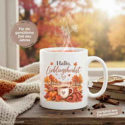 Herbst Tasse Hallo Lieblingsherbst als Geschenk für beste Freundin und Geschenk für Kaffeeliebhaber. Weiße Keramiktasse 330 ml mit Kürbis, Kaffee, Herbstblättern, Strickdecke und herbstlicher Landschaft. Kürbis Tasse und Herbsttasse als Kaffeeliebhaber Geschenk, Herbst Geschenk und gemütliche Tasse für Cozy Season. Kaffeetasse Herbst als Keramiktasse mit Herbstmotiv für Herbstzeit, Me Time, Kaffee- und Kürbisfans, produziert und versendet aus Deutschland.  Herbstgeschenke Cozy season