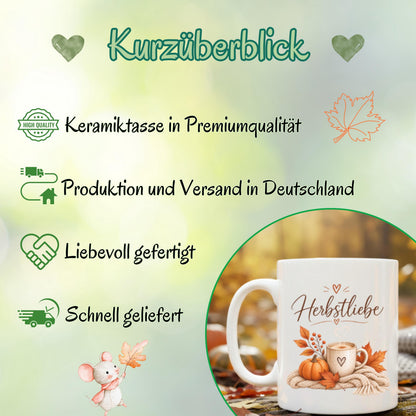 Herbst Tasse Herbstliebe als Geschenk für beste Freundin und Geschenk für Kaffeeliebhaber. Weiße Keramiktasse 330 ml mit Kürbis, Kaffee, Herbstblättern und kuscheliger Strickdecke. Kürbis Tasse und Herbsttasse als Kaffeeliebhaber Geschenk, Herbst Geschenk und gemütliche Tasse für Cozy Season. Kaffeetasse Herbst als Keramiktasse mit Herbstmotiv für Herbstzeit, Me Time, Selfcare, Kaffee- und Kürbisfans, produziert und versendet aus Deutschland. geschenk beste freundin, geschenk kaffeeliebhaber