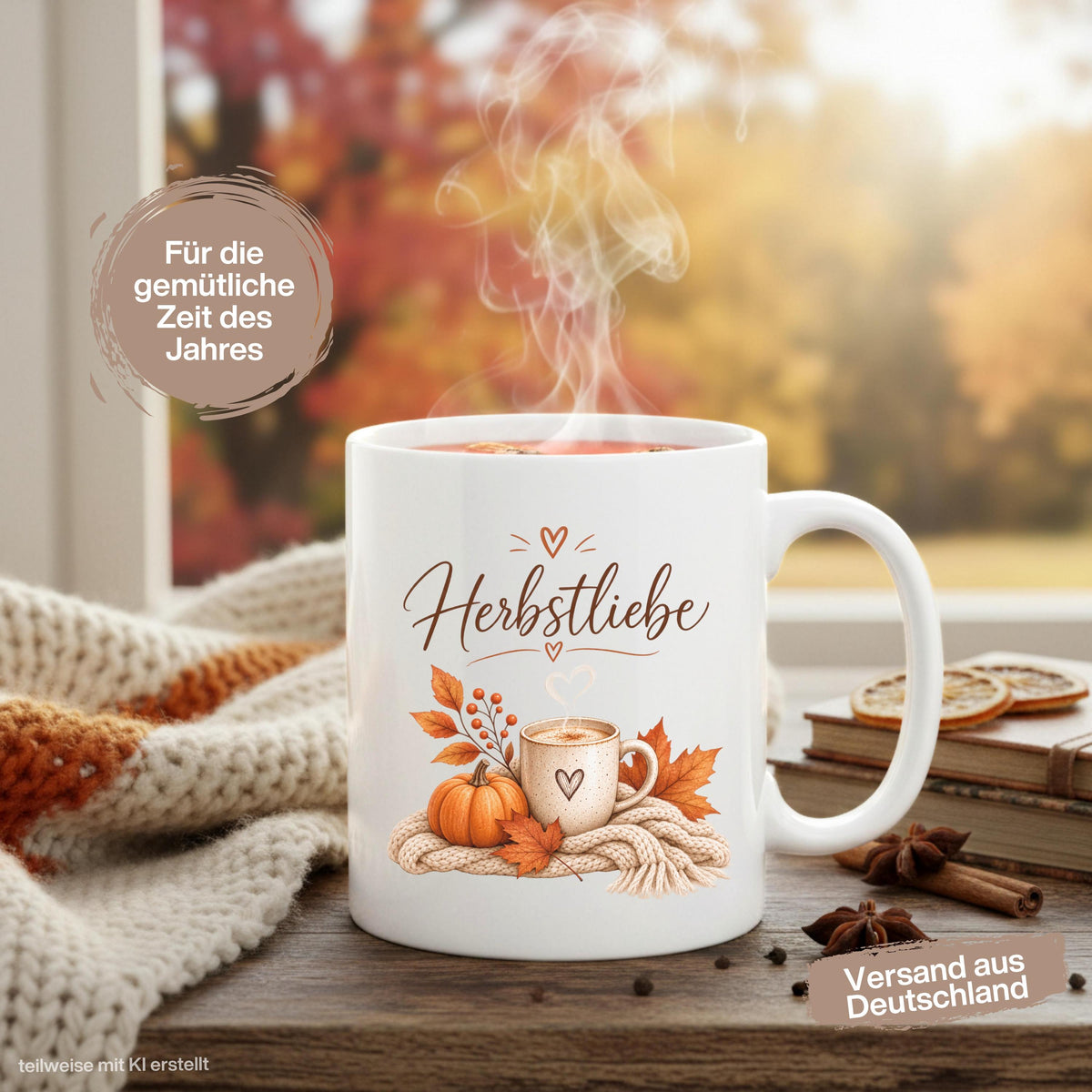 Herbst Tasse Herbstliebe als Geschenk für beste Freundin und Geschenk für Kaffeeliebhaber. Weiße Keramiktasse 330 ml mit Kürbis, Kaffee, Herbstblättern und kuscheliger Strickdecke. Kürbis Tasse und Herbsttasse als Kaffeeliebhaber Geschenk, Herbst Geschenk und gemütliche Tasse für Cozy Season. Kaffeetasse Herbst als Keramiktasse mit Herbstmotiv für Herbstzeit, Me Time, Selfcare, Kaffee- und Kürbisfans, produziert und versendet aus Deutschland. geschenk beste freundin, geschenk kaffeeliebhaber