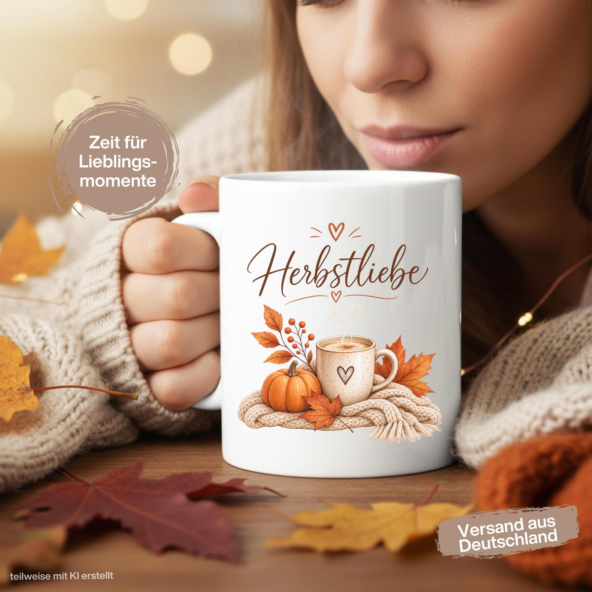 Herbst Tasse Herbstliebe als Geschenk für beste Freundin und Geschenk für Kaffeeliebhaber. Weiße Keramiktasse 330 ml mit Kürbis, Kaffee, Herbstblättern und kuscheliger Strickdecke. Kürbis Tasse und Herbsttasse als Kaffeeliebhaber Geschenk, Herbst Geschenk und gemütliche Tasse für Cozy Season. Kaffeetasse Herbst als Keramiktasse mit Herbstmotiv für Herbstzeit, Me Time, Selfcare, Kaffee- und Kürbisfans, produziert und versendet aus Deutschland. geschenk beste freundin, geschenk kaffeeliebhaber