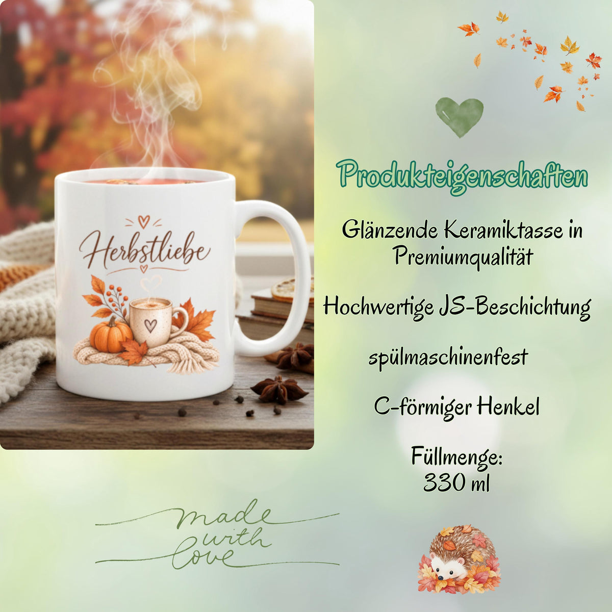 Herbst Tasse Herbstliebe als Geschenk für beste Freundin und Geschenk für Kaffeeliebhaber. Weiße Keramiktasse 330 ml mit Kürbis, Kaffee, Herbstblättern und kuscheliger Strickdecke. Kürbis Tasse und Herbsttasse als Kaffeeliebhaber Geschenk, Herbst Geschenk und gemütliche Tasse für Cozy Season. Kaffeetasse Herbst als Keramiktasse mit Herbstmotiv für Herbstzeit, Me Time, Selfcare, Kaffee- und Kürbisfans, produziert und versendet aus Deutschland. geschenk beste freundin, geschenk kaffeeliebhaber