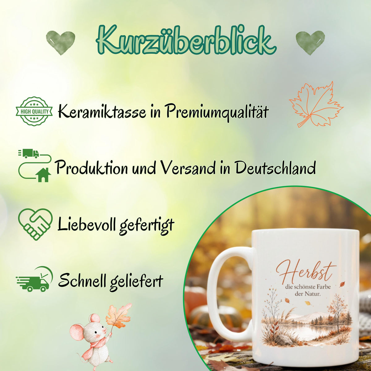 Herbst Tasse mit Spruch als Geschenk für beste Freundin und Geschenk für Kaffeeliebhaber. Weiße Keramiktasse 330 ml mit herbstlicher Landschaft, See, Bäumen, Bergen und dem Spruch „Herbst – die schönste Farbe der Natur“. Herbsttasse und Kaffeeliebhaber Geschenk für Herbstzeit, Cozy Season und gemütliche Kaffeepausen. Keramiktasse als Herbst Geschenk, Me Time Geschenk und Tasse mit Herbstmotiv für Naturfans, Kaffee- und Teeliebhaber, produziert und versendet aus Deutschland.