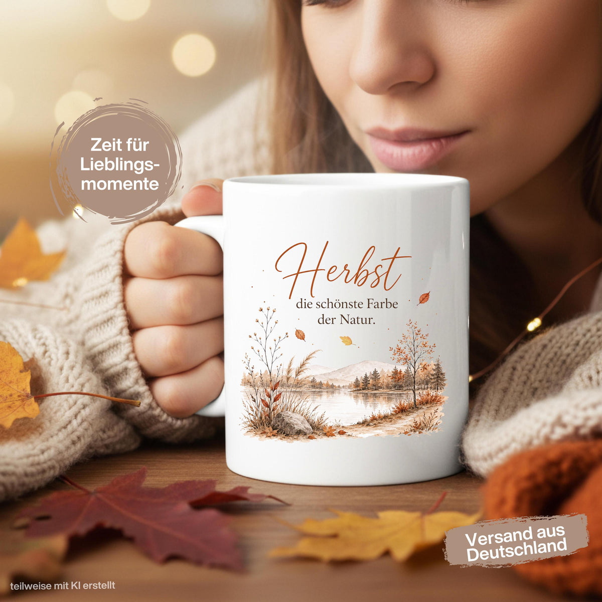 Herbst Tasse mit Spruch als Geschenk für beste Freundin und Geschenk für Kaffeeliebhaber. Weiße Keramiktasse 330 ml mit herbstlicher Landschaft, See, Bäumen, Bergen und dem Spruch „Herbst – die schönste Farbe der Natur“. Herbsttasse und Kaffeeliebhaber Geschenk für Herbstzeit, Cozy Season und gemütliche Kaffeepausen. Keramiktasse als Herbst Geschenk, Me Time Geschenk und Tasse mit Herbstmotiv für Naturfans, Kaffee- und Teeliebhaber, produziert und versendet aus Deutschland.