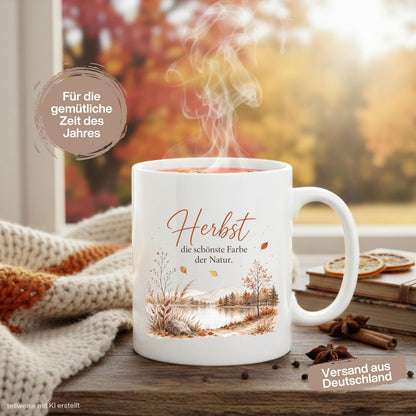 Herbst Tasse mit Spruch als Geschenk für beste Freundin und Geschenk für Kaffeeliebhaber. Weiße Keramiktasse 330 ml mit herbstlicher Landschaft, See, Bäumen, Bergen und dem Spruch „Herbst – die schönste Farbe der Natur“. Herbsttasse und Kaffeeliebhaber Geschenk für Herbstzeit, Cozy Season und gemütliche Kaffeepausen. Keramiktasse als Herbst Geschenk, Me Time Geschenk und Tasse mit Herbstmotiv für Naturfans, Kaffee- und Teeliebhaber, produziert und versendet aus Deutschland.
