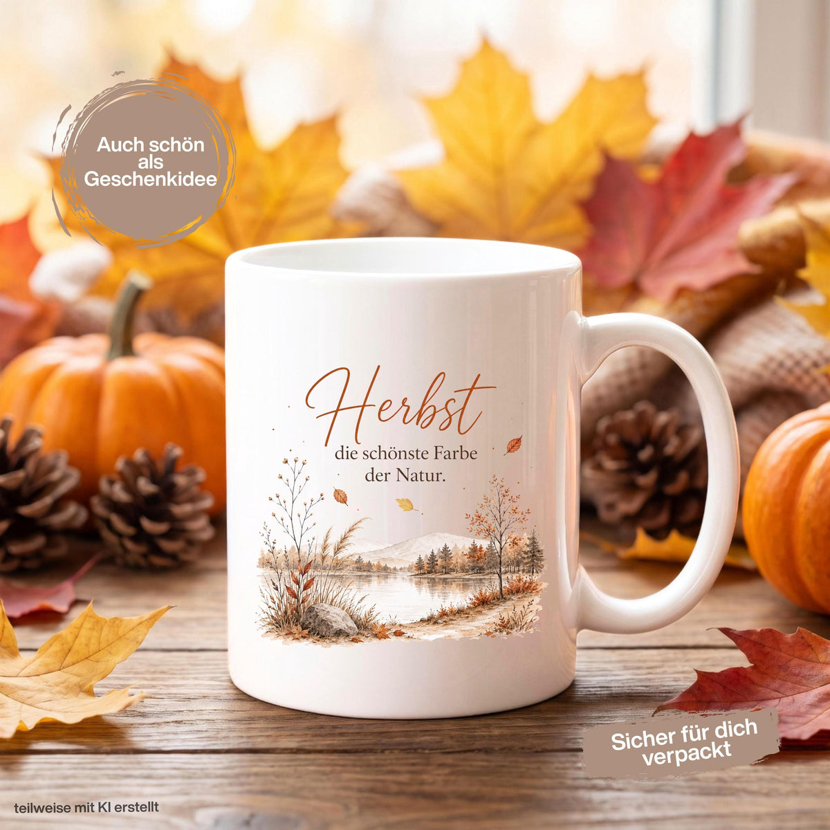 Herbst Tasse mit Spruch als Geschenk für beste Freundin und Geschenk für Kaffeeliebhaber. Weiße Keramiktasse 330 ml mit herbstlicher Landschaft, See, Bäumen, Bergen und dem Spruch „Herbst – die schönste Farbe der Natur“. Herbsttasse und Kaffeeliebhaber Geschenk für Herbstzeit, Cozy Season und gemütliche Kaffeepausen. Keramiktasse als Herbst Geschenk, Me Time Geschenk und Tasse mit Herbstmotiv für Naturfans, Kaffee- und Teeliebhaber, produziert und versendet aus Deutschland.