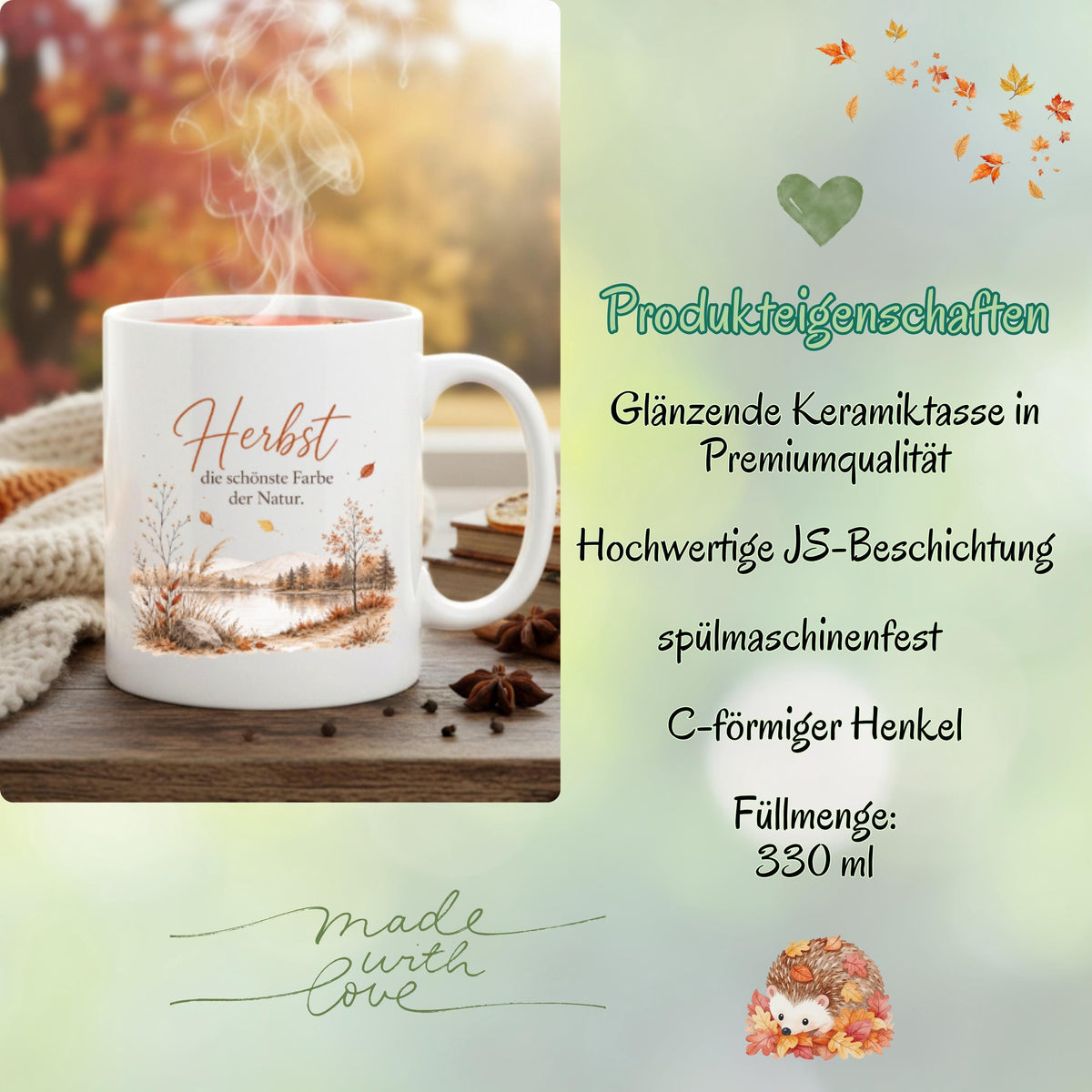 Herbst Tasse mit Spruch als Geschenk für beste Freundin und Geschenk für Kaffeeliebhaber. Weiße Keramiktasse 330 ml mit herbstlicher Landschaft, See, Bäumen, Bergen und dem Spruch „Herbst – die schönste Farbe der Natur“. Herbsttasse und Kaffeeliebhaber Geschenk für Herbstzeit, Cozy Season und gemütliche Kaffeepausen. Keramiktasse als Herbst Geschenk, Me Time Geschenk und Tasse mit Herbstmotiv für Naturfans, Kaffee- und Teeliebhaber, produziert und versendet aus Deutschland.