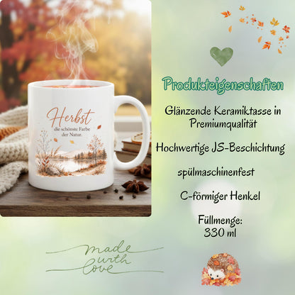 Herbst Tasse mit Spruch als Geschenk für beste Freundin und Geschenk für Kaffeeliebhaber. Weiße Keramiktasse 330 ml mit herbstlicher Landschaft, See, Bäumen, Bergen und dem Spruch „Herbst – die schönste Farbe der Natur“. Herbsttasse und Kaffeeliebhaber Geschenk für Herbstzeit, Cozy Season und gemütliche Kaffeepausen. Keramiktasse als Herbst Geschenk, Me Time Geschenk und Tasse mit Herbstmotiv für Naturfans, Kaffee- und Teeliebhaber, produziert und versendet aus Deutschland.