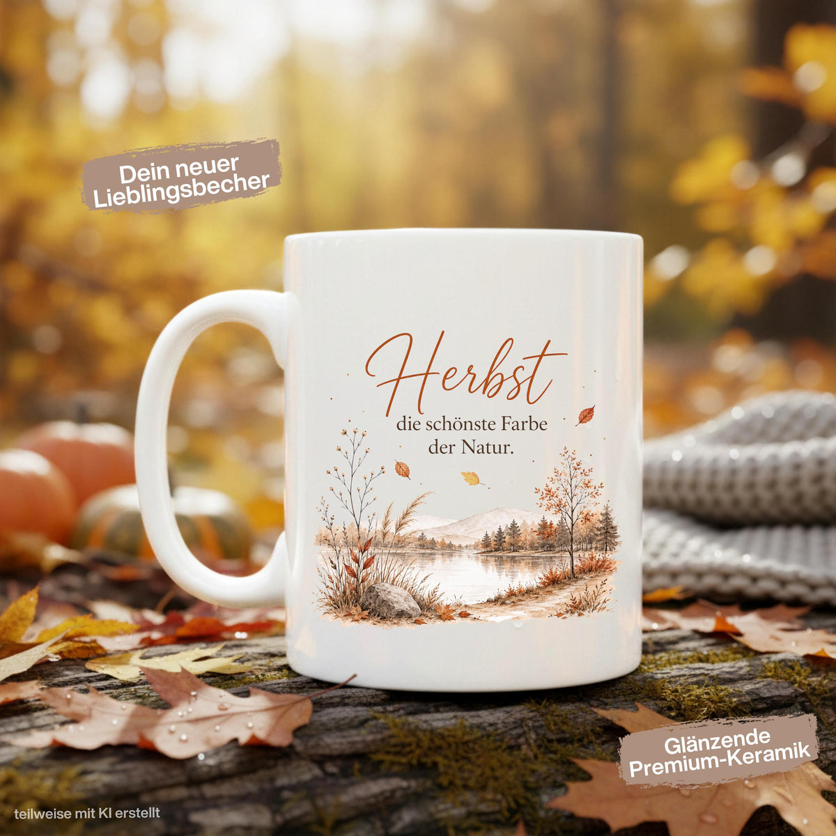 Herbst Tasse mit Spruch als Geschenk für beste Freundin und Geschenk für Kaffeeliebhaber. Weiße Keramiktasse 330 ml mit herbstlicher Landschaft, See, Bäumen, Bergen und dem Spruch „Herbst – die schönste Farbe der Natur“. Herbsttasse und Kaffeeliebhaber Geschenk für Herbstzeit, Cozy Season und gemütliche Kaffeepausen. Keramiktasse als Herbst Geschenk, Me Time Geschenk und Tasse mit Herbstmotiv für Naturfans, Kaffee- und Teeliebhaber, produziert und versendet aus Deutschland.