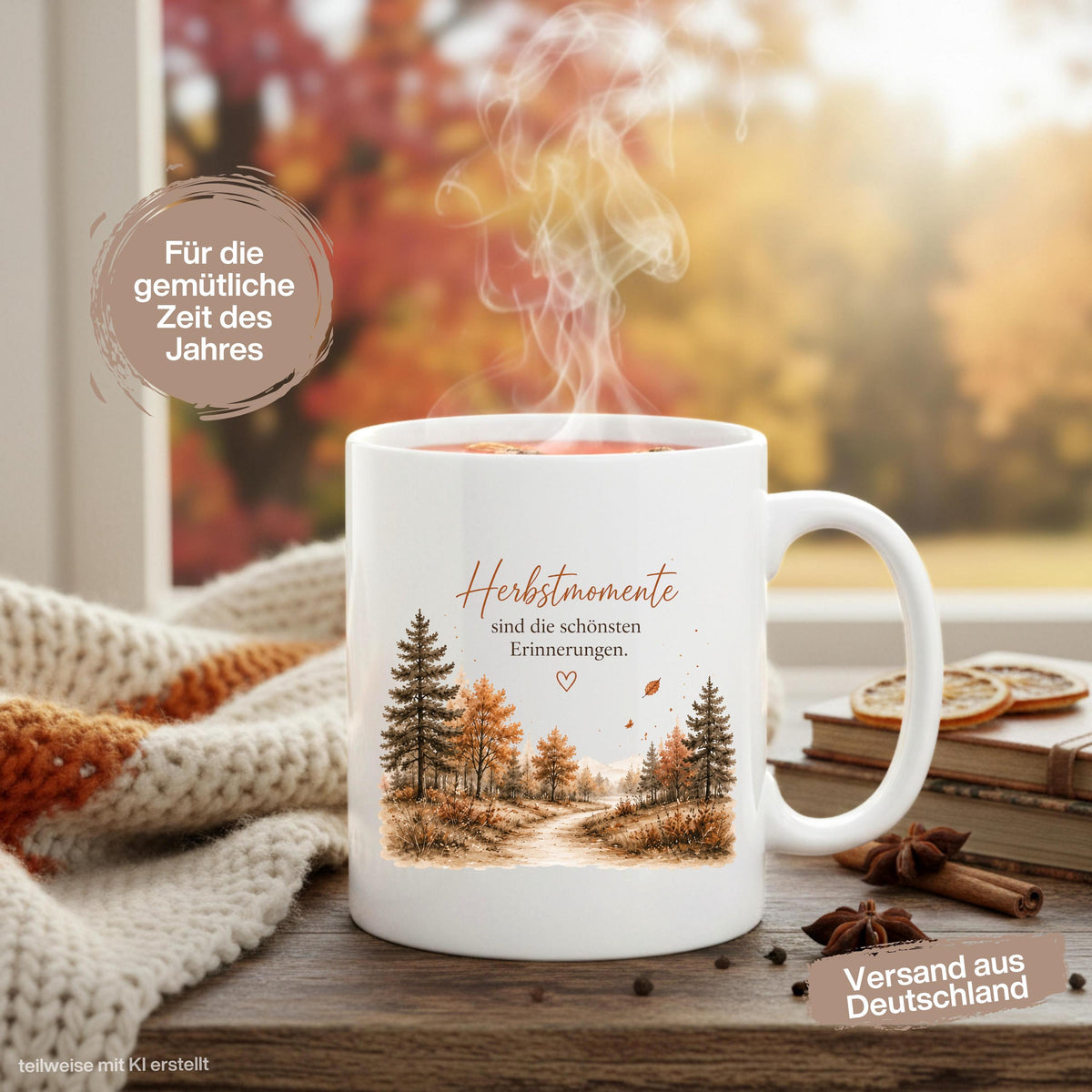 Herbst Tasse mit Spruch als Geschenk für beste Freundin und Geschenk für Kaffeeliebhaber. Weiße Keramiktasse 330 ml mit dem Spruch „Herbstmomente sind die schönsten Erinnerungen“ und herbstlichem Naturmotiv. Herbsttasse als Kaffeeliebhaber Geschenk für Herbstzeit und Cozy Season, Herbst Geschenk für Freundin, Mama oder Schwester sowie Me Time Geschenk und Selfcare Geschenk. Keramiktasse und Tasse Herbst für gemütliche Kaffee- und Teemomente, produziert und versendet aus Deutschland.
