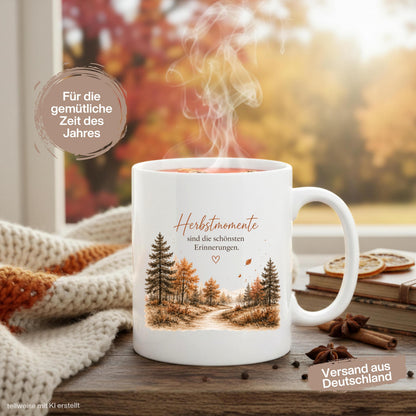 Herbst Tasse mit Spruch als Geschenk für beste Freundin und Geschenk für Kaffeeliebhaber. Weiße Keramiktasse 330 ml mit dem Spruch „Herbstmomente sind die schönsten Erinnerungen“ und herbstlichem Naturmotiv. Herbsttasse als Kaffeeliebhaber Geschenk für Herbstzeit und Cozy Season, Herbst Geschenk für Freundin, Mama oder Schwester sowie Me Time Geschenk und Selfcare Geschenk. Keramiktasse und Tasse Herbst für gemütliche Kaffee- und Teemomente, produziert und versendet aus Deutschland.