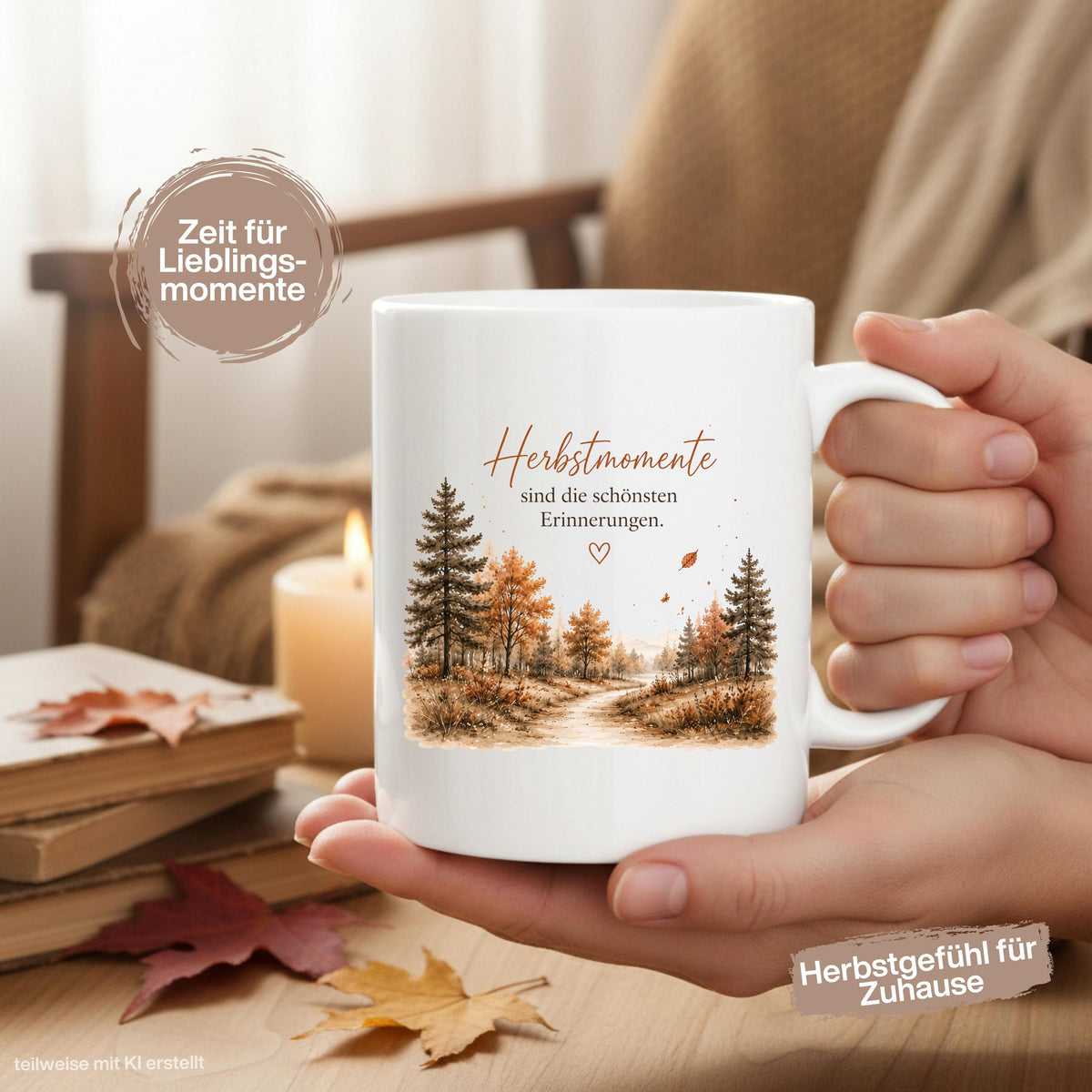 Herbst Tasse mit Spruch als Geschenk für beste Freundin und Geschenk für Kaffeeliebhaber. Weiße Keramiktasse 330 ml mit dem Spruch „Herbstmomente sind die schönsten Erinnerungen“ und herbstlichem Naturmotiv. Herbsttasse als Kaffeeliebhaber Geschenk für Herbstzeit und Cozy Season, Herbst Geschenk für Freundin, Mama oder Schwester sowie Me Time Geschenk und Selfcare Geschenk. Keramiktasse und Tasse Herbst für gemütliche Kaffee- und Teemomente, produziert und versendet aus Deutschland.