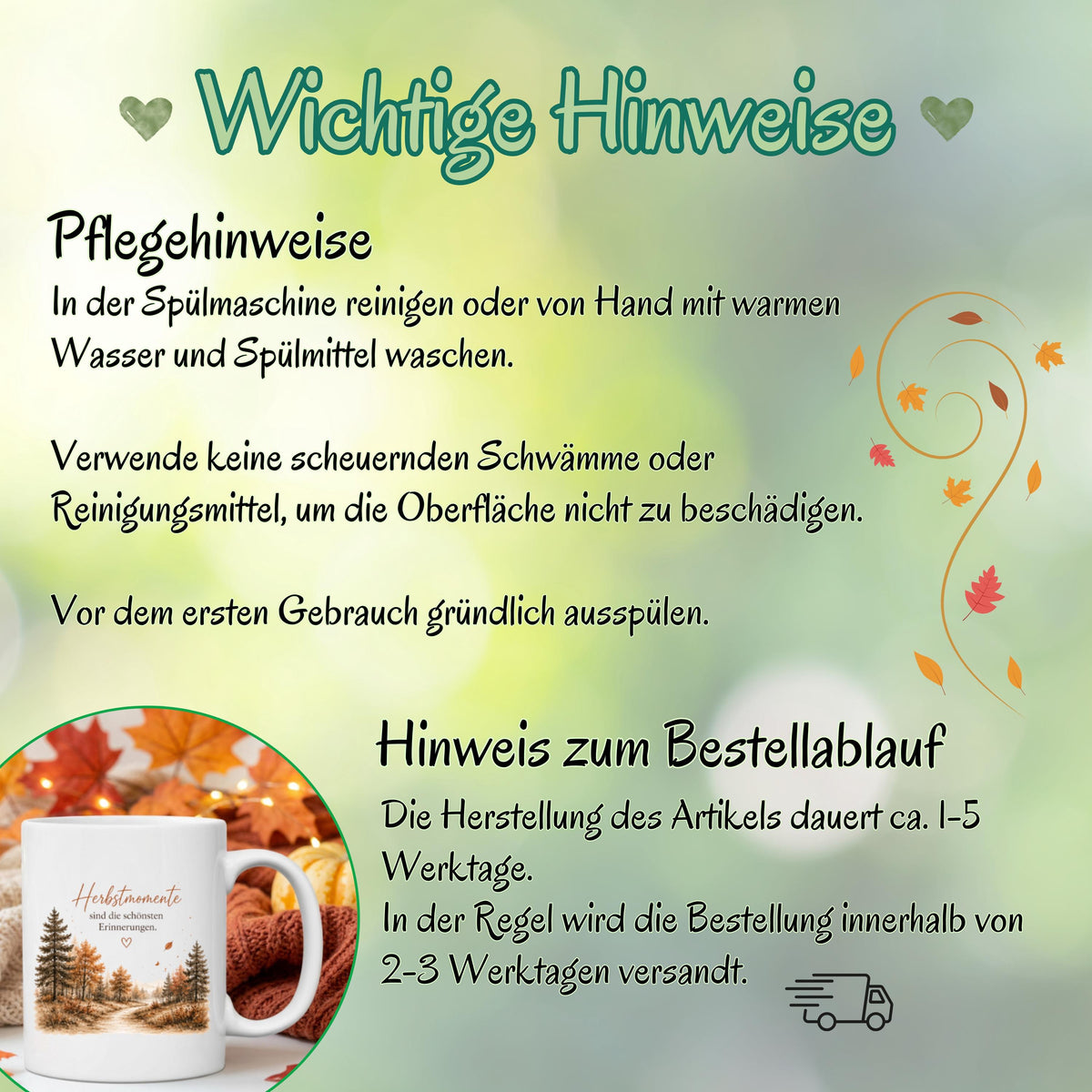 Herbst Tasse mit Spruch als Geschenk für beste Freundin und Geschenk für Kaffeeliebhaber. Weiße Keramiktasse 330 ml mit dem Spruch „Herbstmomente sind die schönsten Erinnerungen“ und herbstlichem Naturmotiv. Herbsttasse als Kaffeeliebhaber Geschenk für Herbstzeit und Cozy Season, Herbst Geschenk für Freundin, Mama oder Schwester sowie Me Time Geschenk und Selfcare Geschenk. Keramiktasse und Tasse Herbst für gemütliche Kaffee- und Teemomente, produziert und versendet aus Deutschland.
