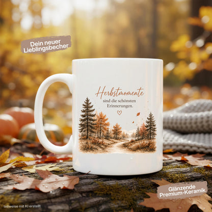 Herbst Tasse mit Spruch als Geschenk für beste Freundin und Geschenk für Kaffeeliebhaber. Weiße Keramiktasse 330 ml mit dem Spruch „Herbstmomente sind die schönsten Erinnerungen“ und herbstlichem Naturmotiv. Herbsttasse als Kaffeeliebhaber Geschenk für Herbstzeit und Cozy Season, Herbst Geschenk für Freundin, Mama oder Schwester sowie Me Time Geschenk und Selfcare Geschenk. Keramiktasse und Tasse Herbst für gemütliche Kaffee- und Teemomente, produziert und versendet aus Deutschland.