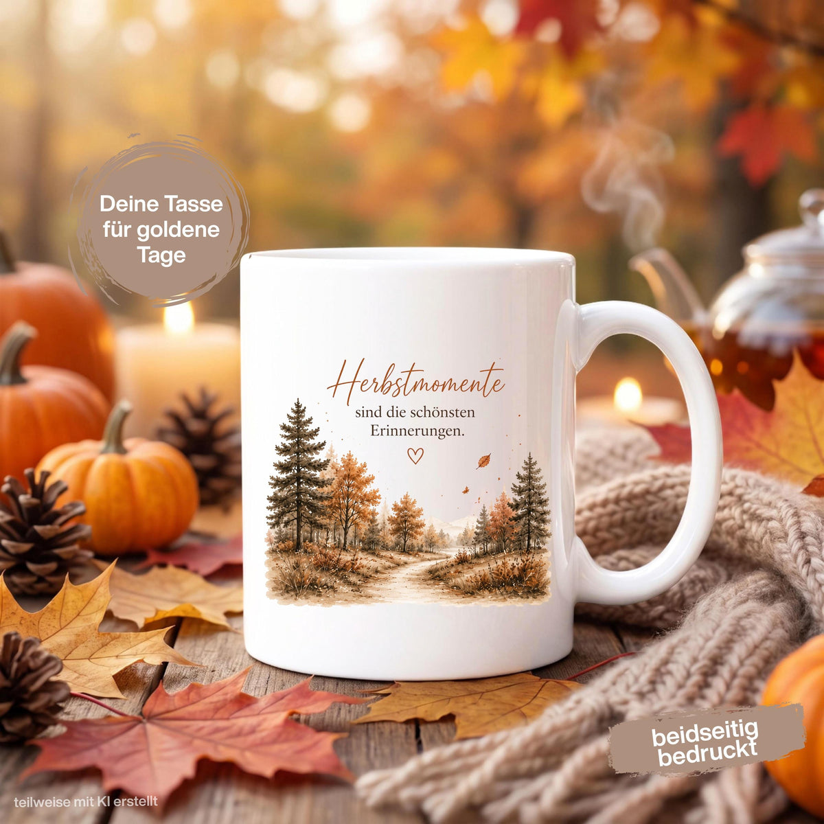 Herbst Tasse mit Spruch als Geschenk für beste Freundin und Geschenk für Kaffeeliebhaber. Weiße Keramiktasse 330 ml mit dem Spruch „Herbstmomente sind die schönsten Erinnerungen“ und herbstlichem Naturmotiv. Herbsttasse als Kaffeeliebhaber Geschenk für Herbstzeit und Cozy Season, Herbst Geschenk für Freundin, Mama oder Schwester sowie Me Time Geschenk und Selfcare Geschenk. Keramiktasse und Tasse Herbst für gemütliche Kaffee- und Teemomente, produziert und versendet aus Deutschland.