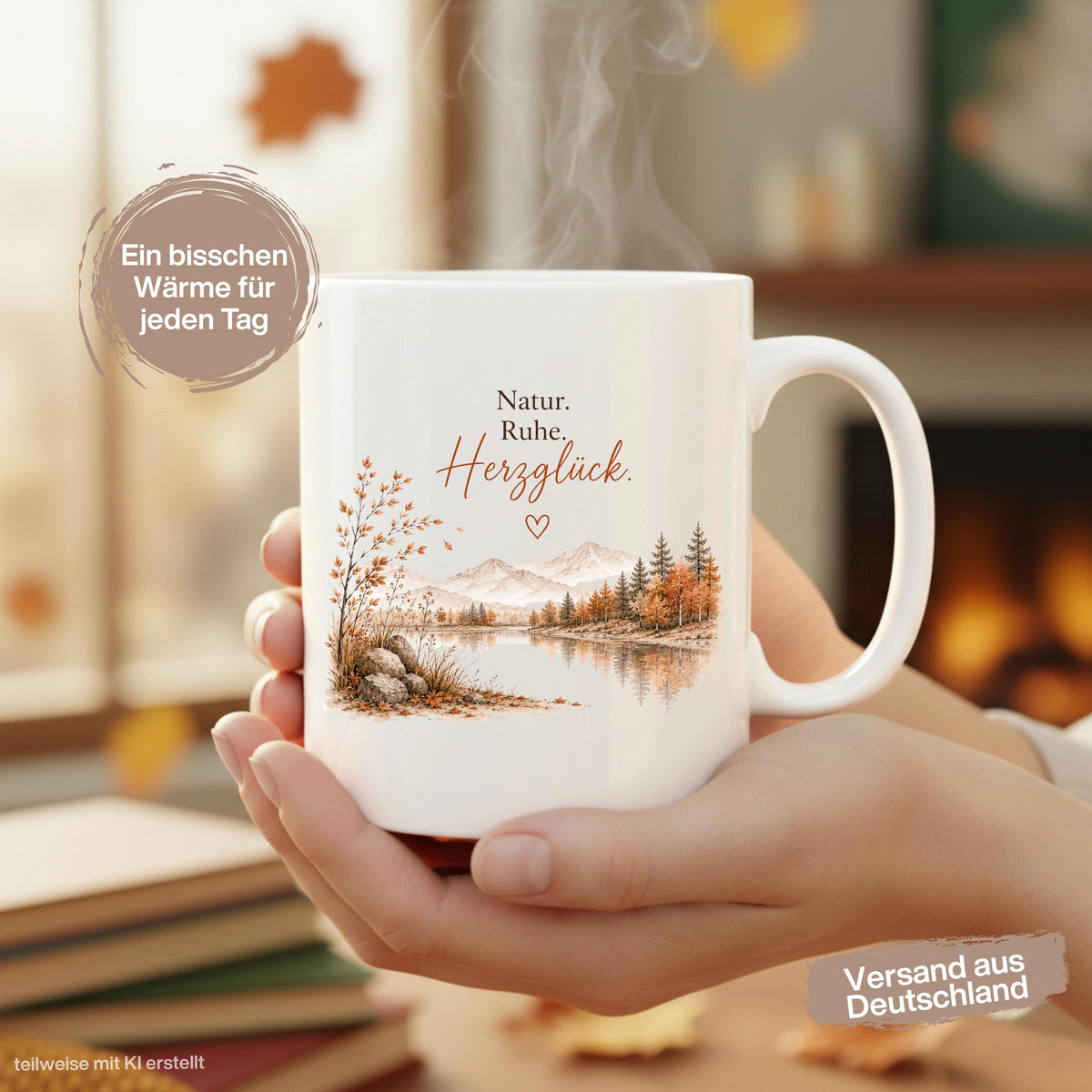 Herbst Tasse mit Spruch als Geschenk für beste Freundin und Geschenk für Kaffeeliebhaber. Weiße Keramiktasse 330 ml mit „Natur. Ruhe. Herzglück.“ und herbstlichem Naturmotiv mit Bergen, See und Bäumen. Herbsttasse und Kaffeeliebhaber Geschenk für Herbstzeit und Cozy Season, Herbst Geschenk für Freundin, Mama, Schwester und Naturfreunde sowie Me Time Geschenk und Selfcare Geschenk. Keramiktasse und Tasse Herbst für gemütliche Kaffee- und Teemomente, Produktion und Versand aus Deutschland.