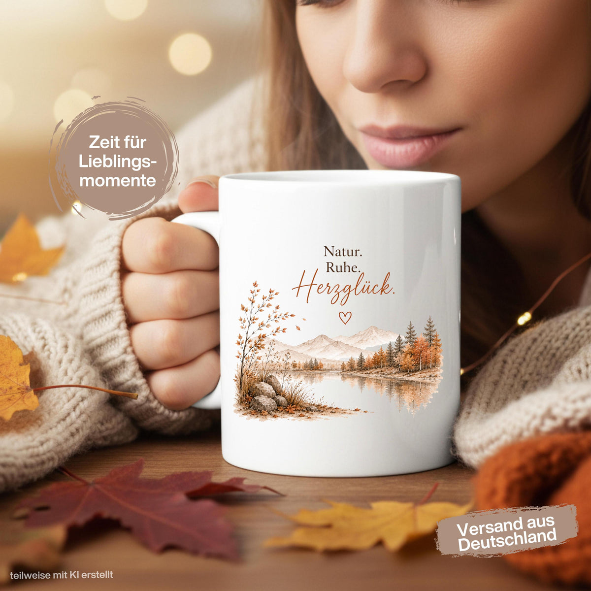 Herbst Tasse mit Spruch als Geschenk für beste Freundin und Geschenk für Kaffeeliebhaber. Weiße Keramiktasse 330 ml mit „Natur. Ruhe. Herzglück.“ und herbstlichem Naturmotiv mit Bergen, See und Bäumen. Herbsttasse und Kaffeeliebhaber Geschenk für Herbstzeit und Cozy Season, Herbst Geschenk für Freundin, Mama, Schwester und Naturfreunde sowie Me Time Geschenk und Selfcare Geschenk. Keramiktasse und Tasse Herbst für gemütliche Kaffee- und Teemomente, Produktion und Versand aus Deutschland.