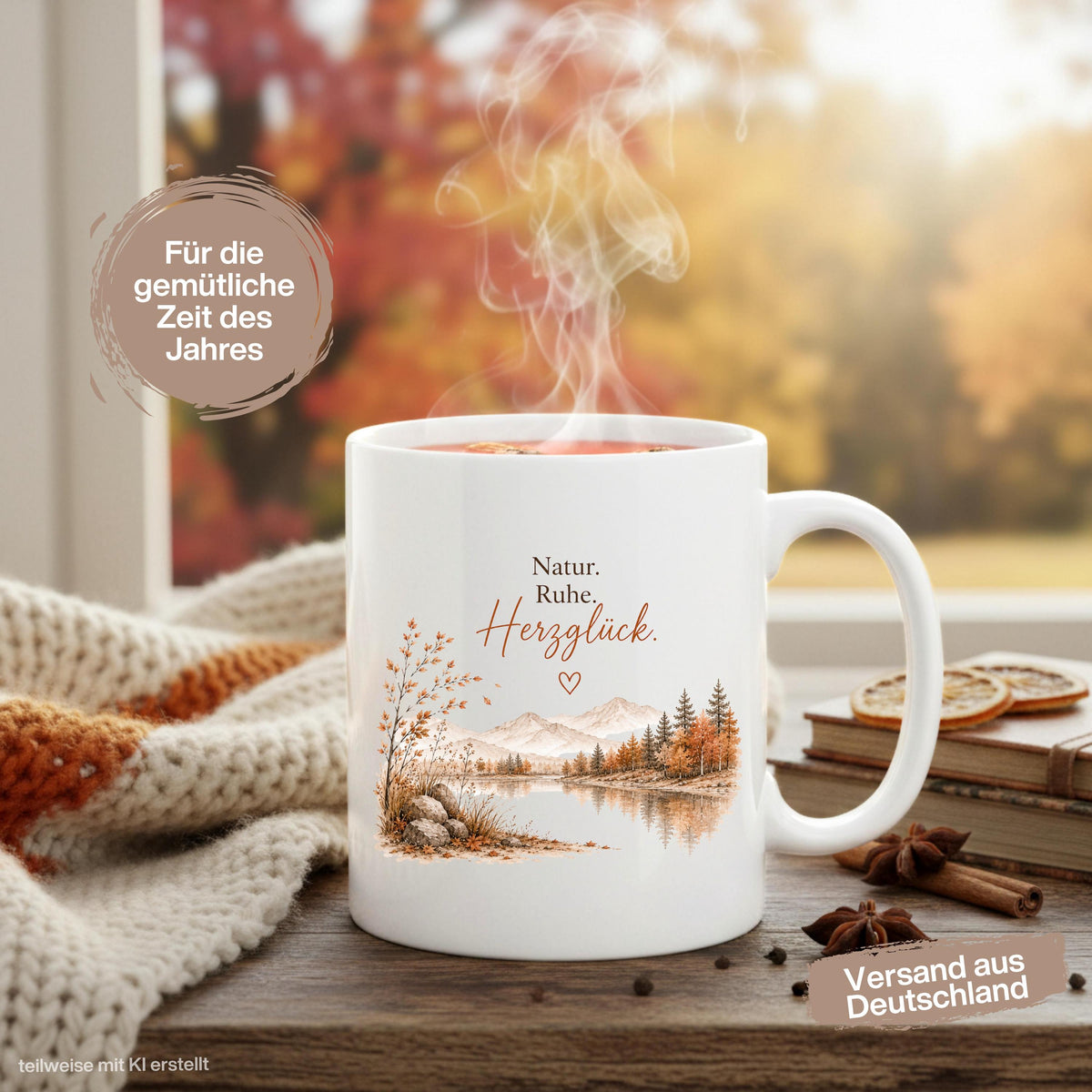 Herbst Tasse mit Spruch als Geschenk für beste Freundin und Geschenk für Kaffeeliebhaber. Weiße Keramiktasse 330 ml mit „Natur. Ruhe. Herzglück.“ und herbstlichem Naturmotiv mit Bergen, See und Bäumen. Herbsttasse und Kaffeeliebhaber Geschenk für Herbstzeit und Cozy Season, Herbst Geschenk für Freundin, Mama, Schwester und Naturfreunde sowie Me Time Geschenk und Selfcare Geschenk. Keramiktasse und Tasse Herbst für gemütliche Kaffee- und Teemomente, Produktion und Versand aus Deutschland.
