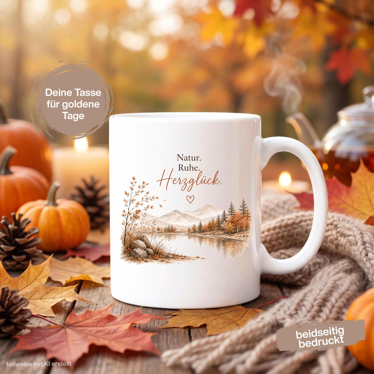 Herbst Tasse mit Spruch als Geschenk für beste Freundin und Geschenk für Kaffeeliebhaber. Weiße Keramiktasse 330 ml mit „Natur. Ruhe. Herzglück.“ und herbstlichem Naturmotiv mit Bergen, See und Bäumen. Herbsttasse und Kaffeeliebhaber Geschenk für Herbstzeit und Cozy Season, Herbst Geschenk für Freundin, Mama, Schwester und Naturfreunde sowie Me Time Geschenk und Selfcare Geschenk. Keramiktasse und Tasse Herbst für gemütliche Kaffee- und Teemomente, Produktion und Versand aus Deutschland.