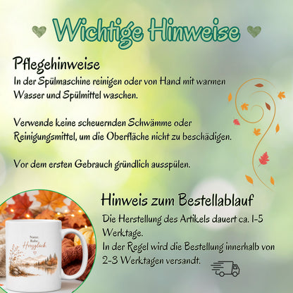 Herbst Tasse mit Spruch als Geschenk für beste Freundin und Geschenk für Kaffeeliebhaber. Weiße Keramiktasse 330 ml mit „Natur. Ruhe. Herzglück.“ und herbstlichem Naturmotiv mit Bergen, See und Bäumen. Herbsttasse und Kaffeeliebhaber Geschenk für Herbstzeit und Cozy Season, Herbst Geschenk für Freundin, Mama, Schwester und Naturfreunde sowie Me Time Geschenk und Selfcare Geschenk. Keramiktasse und Tasse Herbst für gemütliche Kaffee- und Teemomente, Produktion und Versand aus Deutschland.