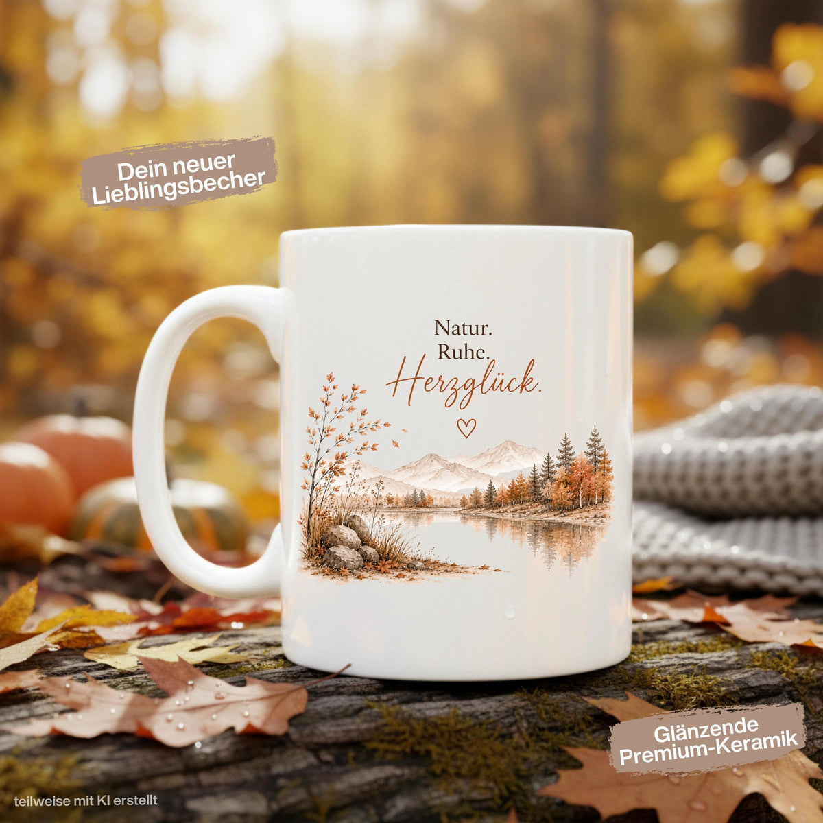 Herbst Tasse mit Spruch als Geschenk für beste Freundin und Geschenk für Kaffeeliebhaber. Weiße Keramiktasse 330 ml mit „Natur. Ruhe. Herzglück.“ und herbstlichem Naturmotiv mit Bergen, See und Bäumen. Herbsttasse und Kaffeeliebhaber Geschenk für Herbstzeit und Cozy Season, Herbst Geschenk für Freundin, Mama, Schwester und Naturfreunde sowie Me Time Geschenk und Selfcare Geschenk. Keramiktasse und Tasse Herbst für gemütliche Kaffee- und Teemomente, Produktion und Versand aus Deutschland.