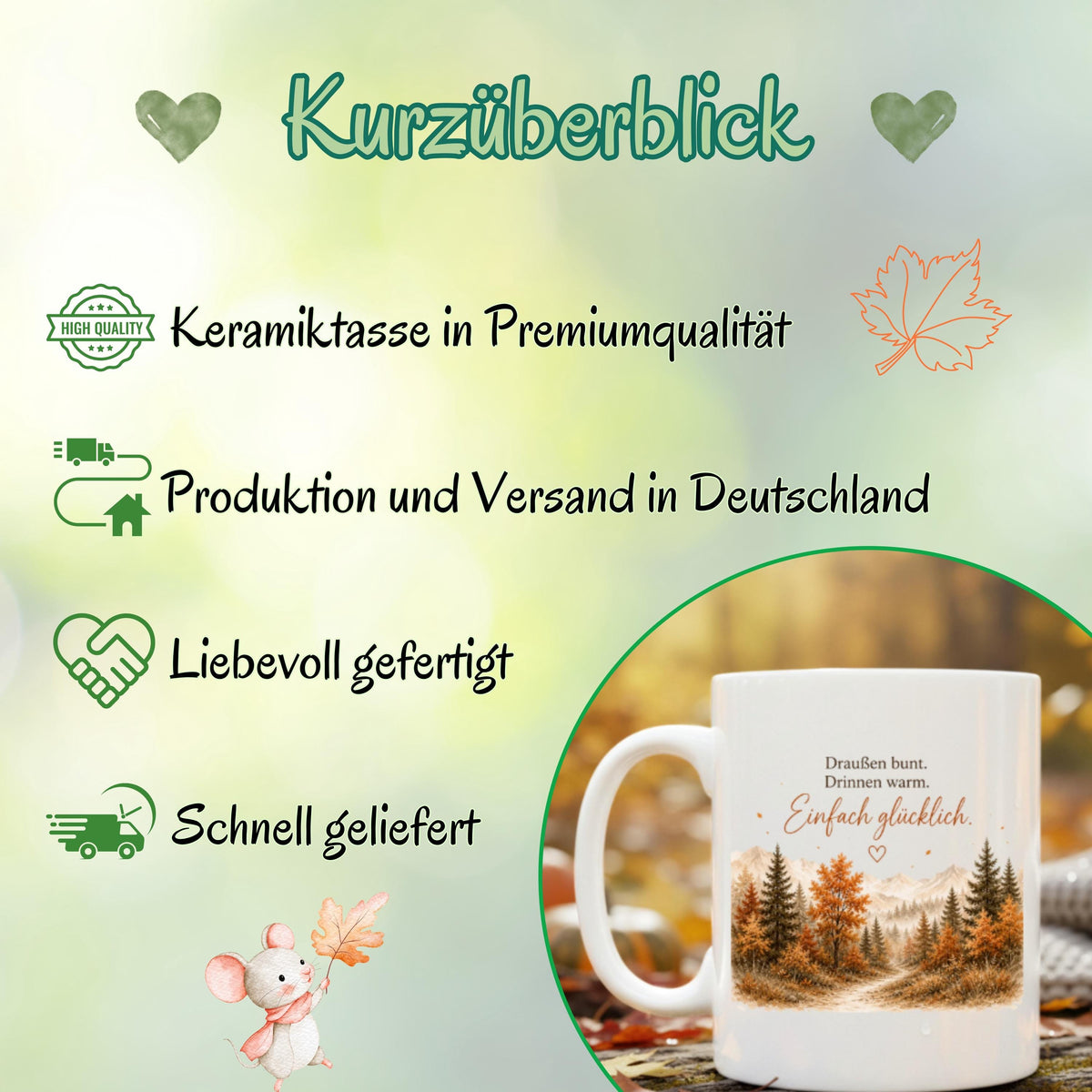 Herbst Tasse mit Spruch als Geschenk für beste Freundin und Geschenk für Kaffeeliebhaber. Weiße Keramiktasse 330 ml mit „Draußen bunt. Drinnen warm. Einfach glücklich.“ Herbsttasse mit Wald und Bergen für Herbstzeit und Cozy Season. Kaffeeliebhaber Geschenk, Herbst Geschenk für Freundin, Mama oder Schwester sowie Me Time Geschenk und Selfcare Geschenk. Keramiktasse und Tasse Herbst für Kaffee, Tee und gemütliche Herbstmomente, Produktion und Versand aus Deutschland.