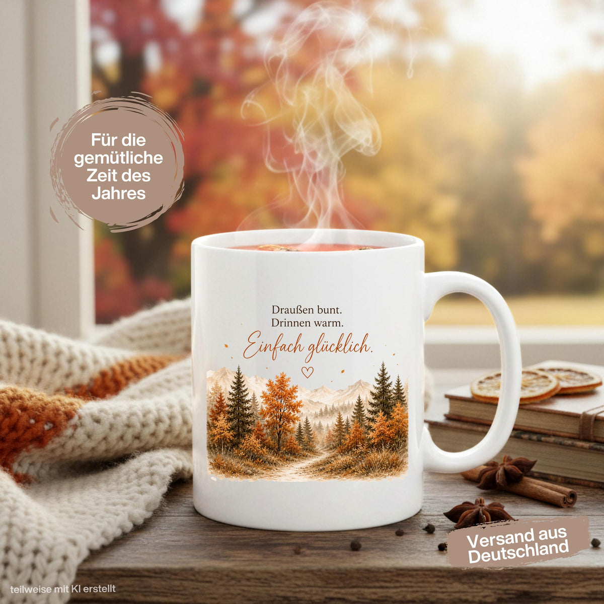 Herbst Tasse mit Spruch als Geschenk für beste Freundin und Geschenk für Kaffeeliebhaber. Weiße Keramiktasse 330 ml mit „Draußen bunt. Drinnen warm. Einfach glücklich.“ Herbsttasse mit Wald und Bergen für Herbstzeit und Cozy Season. Kaffeeliebhaber Geschenk, Herbst Geschenk für Freundin, Mama oder Schwester sowie Me Time Geschenk und Selfcare Geschenk. Keramiktasse und Tasse Herbst für Kaffee, Tee und gemütliche Herbstmomente, Produktion und Versand aus Deutschland.