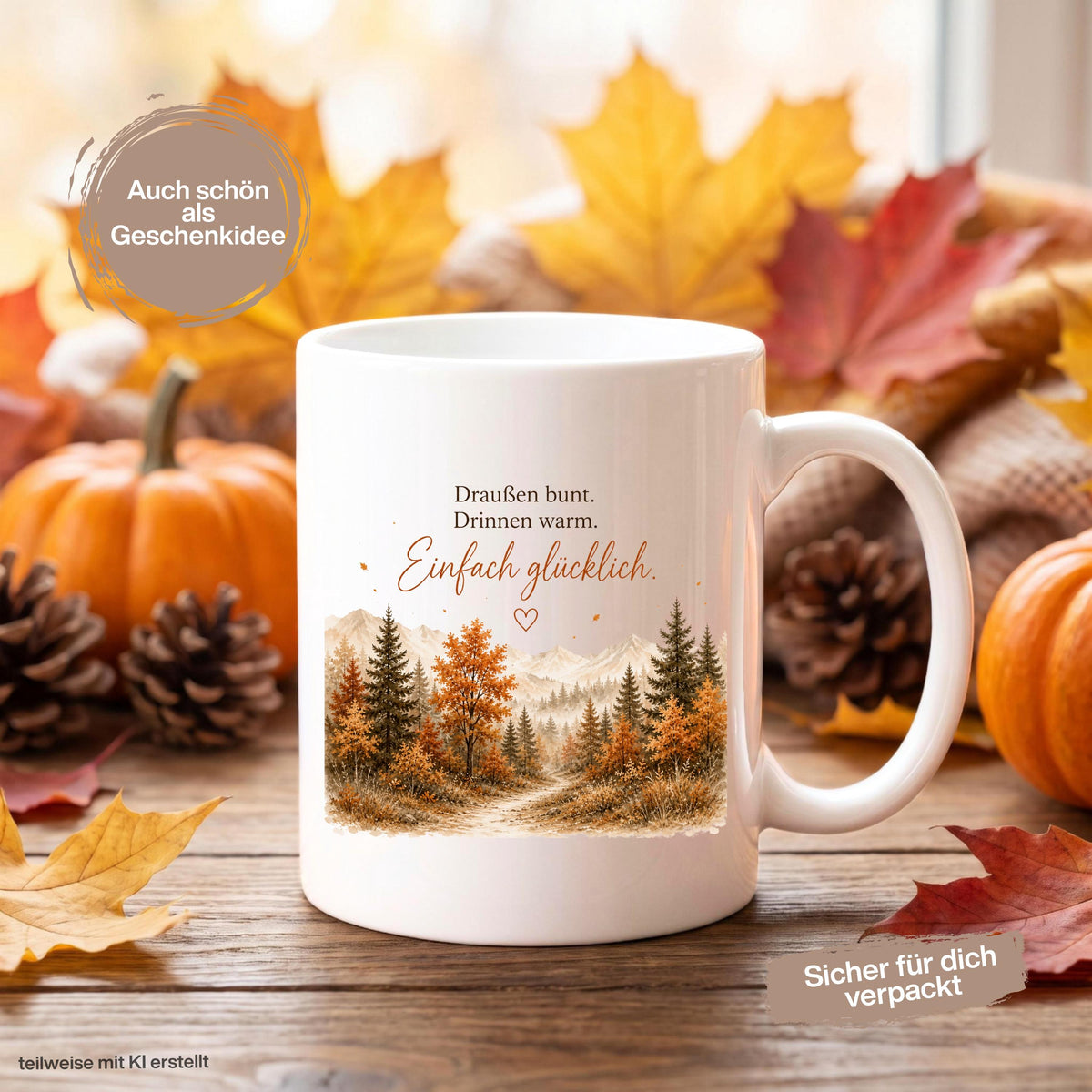 Herbst Tasse mit Spruch als Geschenk für beste Freundin und Geschenk für Kaffeeliebhaber. Weiße Keramiktasse 330 ml mit „Draußen bunt. Drinnen warm. Einfach glücklich.“ Herbsttasse mit Wald und Bergen für Herbstzeit und Cozy Season. Kaffeeliebhaber Geschenk, Herbst Geschenk für Freundin, Mama oder Schwester sowie Me Time Geschenk und Selfcare Geschenk. Keramiktasse und Tasse Herbst für Kaffee, Tee und gemütliche Herbstmomente, Produktion und Versand aus Deutschland.