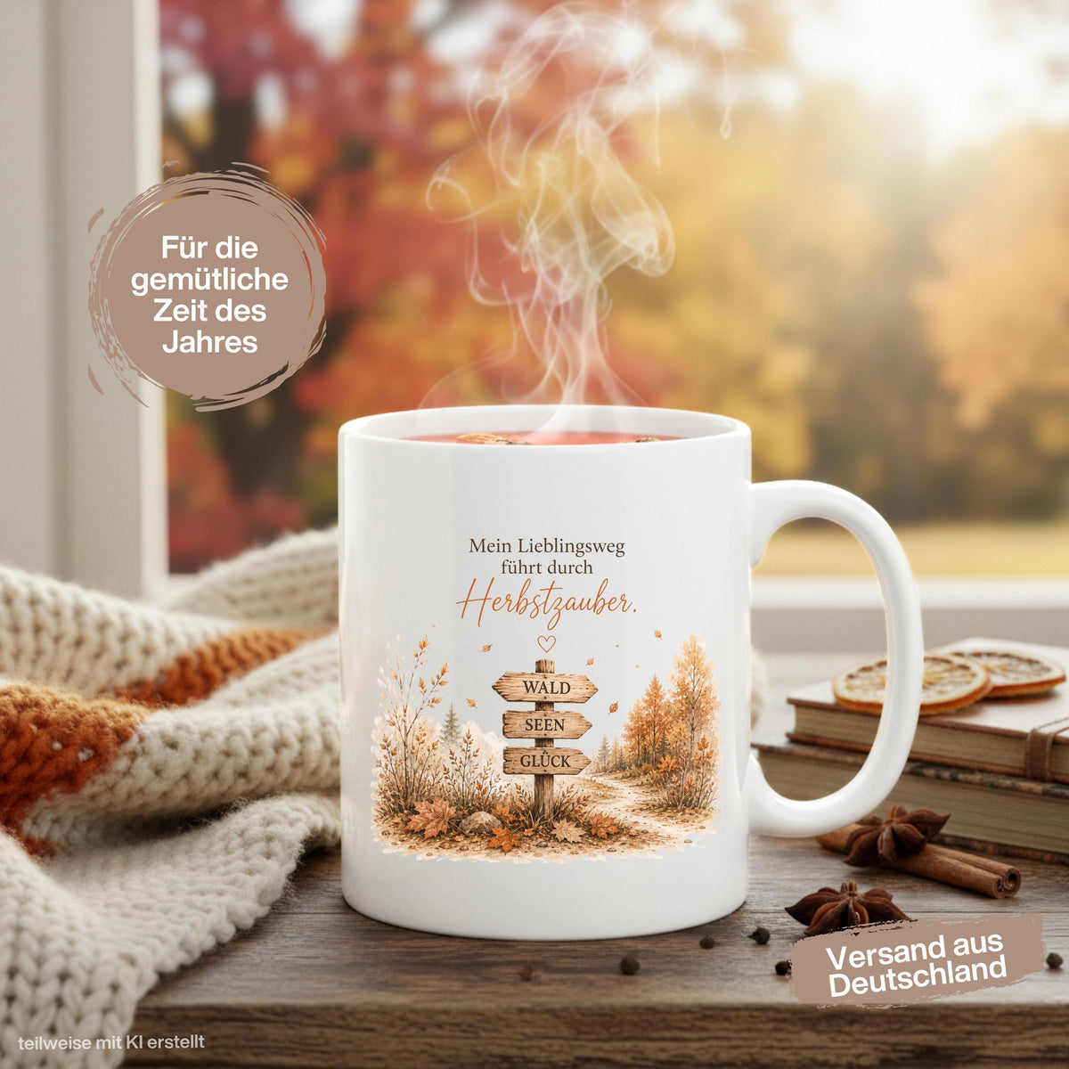 Herbst Tasse mit Spruch „Mein Lieblingsweg führt durch Herbstzauber“ als Geschenk für beste Freundin und Geschenk für Kaffeeliebhaber. Weiße Keramiktasse 330 ml beidseitig bedruckt mit herbstlichem Waldmotiv und Wegweiser Wald Seen Glück. Herbsttasse für Herbstzeit, Cozy Season, Naturfreunde und Waldliebhaber. Kaffeeliebhaber Geschenk, Herbst Geschenk, Me Time Geschenk und Selfcare Geschenk für Freundin, Mama oder Schwester. geschenk beste freundin, geschenk kaffeeliebhaber, herbsttasse