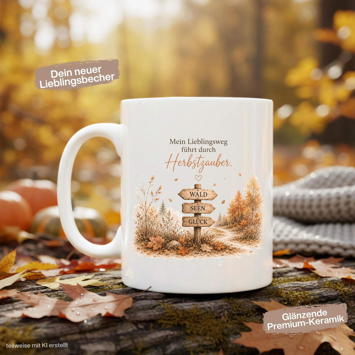 Herbst Tasse mit Spruch „Mein Lieblingsweg führt durch Herbstzauber“ als Geschenk für beste Freundin und Geschenk für Kaffeeliebhaber. Weiße Keramiktasse 330 ml beidseitig bedruckt mit herbstlichem Waldmotiv und Wegweiser Wald Seen Glück. Herbsttasse für Herbstzeit, Cozy Season, Naturfreunde und Waldliebhaber. Kaffeeliebhaber Geschenk, Herbst Geschenk, Me Time Geschenk und Selfcare Geschenk für Freundin, Mama oder Schwester. geschenk beste freundin, geschenk kaffeeliebhaber, herbsttasse