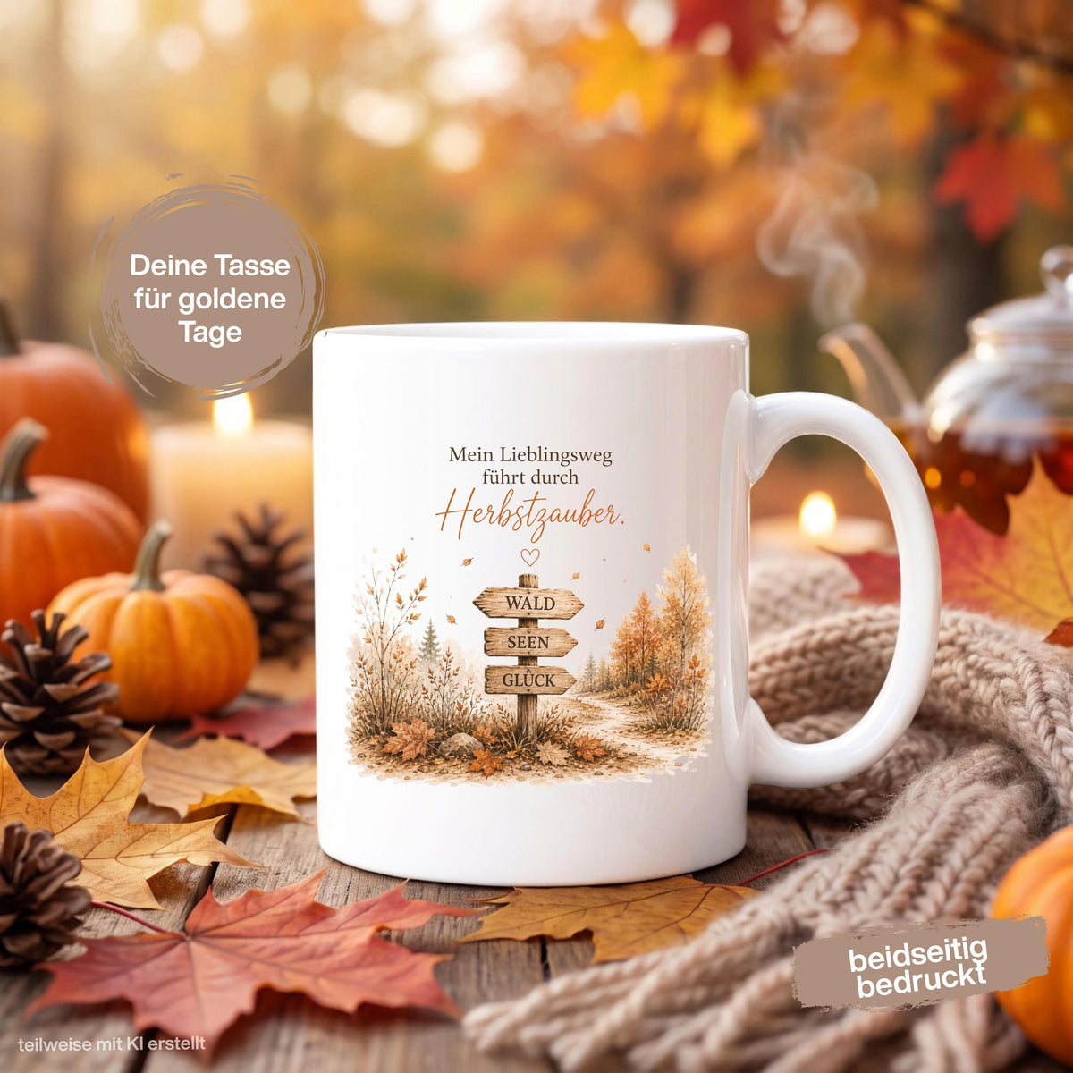Herbst Tasse mit Spruch „Mein Lieblingsweg führt durch Herbstzauber“ als Geschenk für beste Freundin und Geschenk für Kaffeeliebhaber. Weiße Keramiktasse 330 ml beidseitig bedruckt mit herbstlichem Waldmotiv und Wegweiser Wald Seen Glück. Herbsttasse für Herbstzeit, Cozy Season, Naturfreunde und Waldliebhaber. Kaffeeliebhaber Geschenk, Herbst Geschenk, Me Time Geschenk und Selfcare Geschenk für Freundin, Mama oder Schwester. geschenk beste freundin, geschenk kaffeeliebhaber, herbsttasse