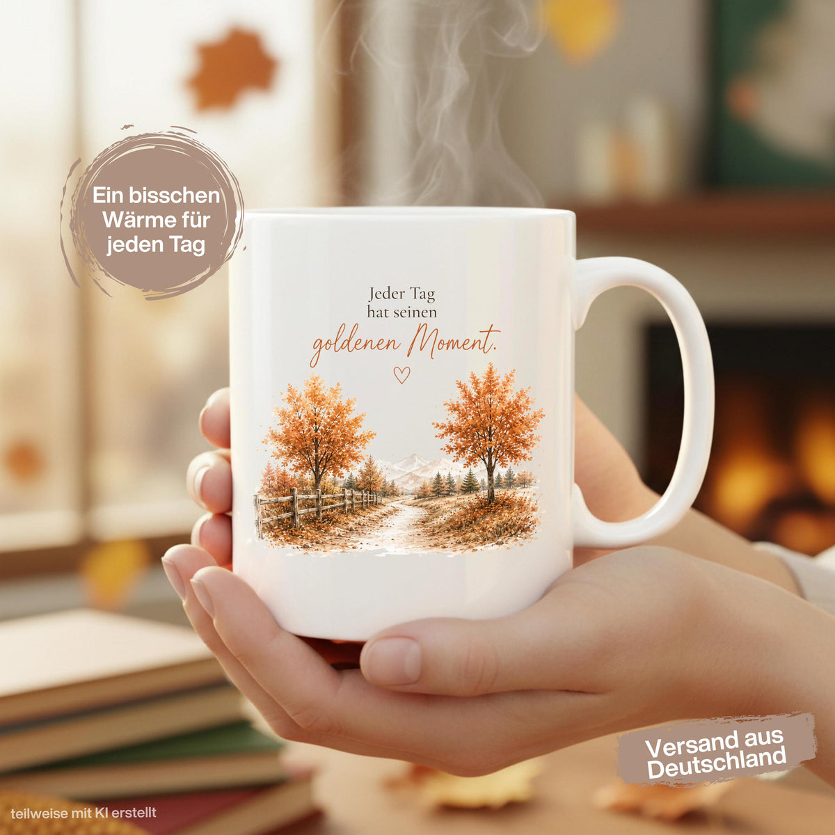 Herbst Tasse mit Spruch „Jeder Tag hat seinen goldenen Moment“ als Geschenk für beste Freundin und Geschenk für Kaffeeliebhaber. Weiße Keramiktasse 330 ml beidseitig bedruckt mit herbstlicher Landschaft, goldenen Bäumen und warmen Naturfarben. Herbsttasse für Herbstzeit und Cozy Season, Kaffeeliebhaber Geschenk, Herbst Geschenk, Selfcare Geschenk und Me Time Geschenk für Freundin, Mama oder Schwester. Keramiktasse mit Produktion und Versand aus Deutschland.  geschenk beste freundin, Herbsttasse