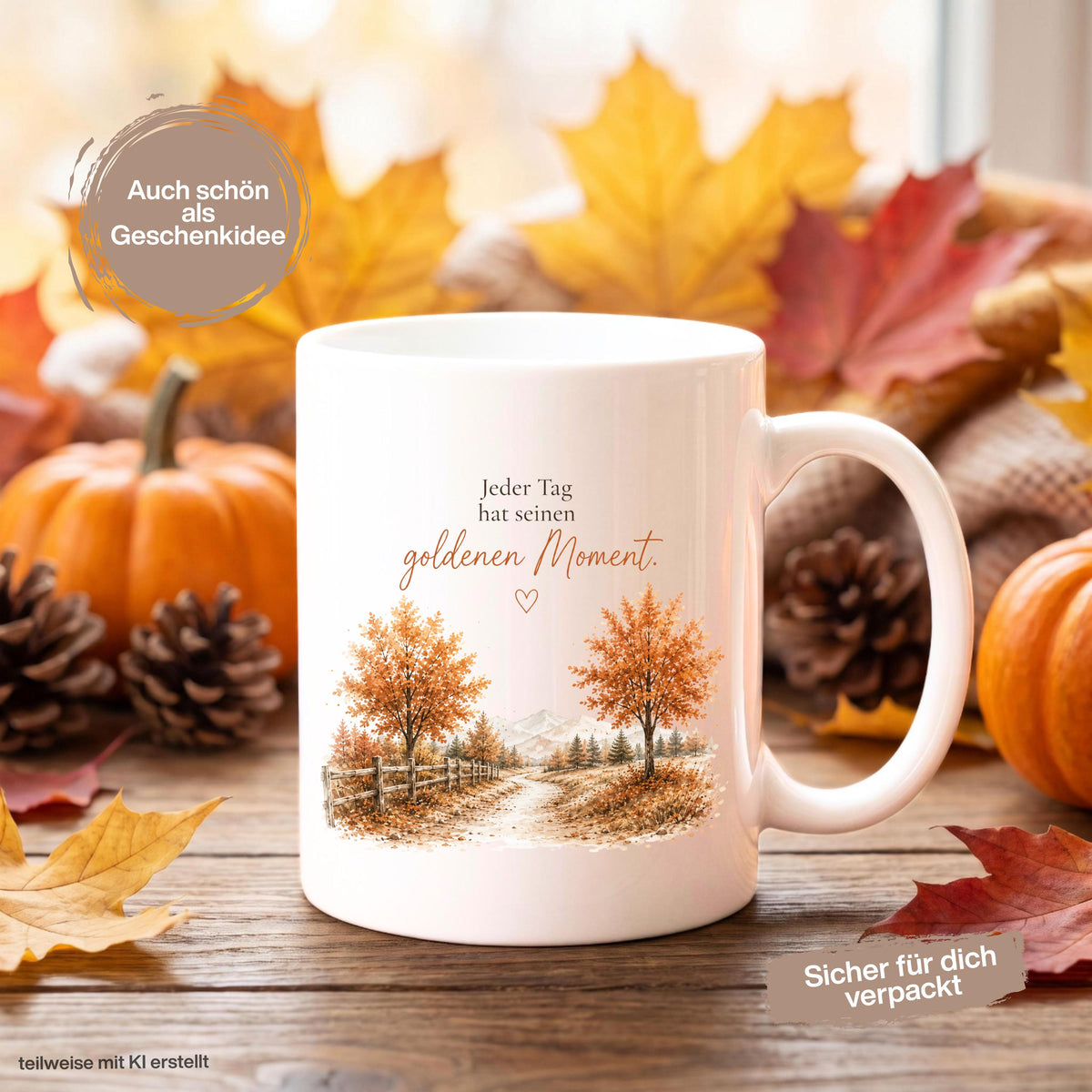 Herbst Tasse mit Spruch „Jeder Tag hat seinen goldenen Moment“ als Geschenk für beste Freundin und Geschenk für Kaffeeliebhaber. Weiße Keramiktasse 330 ml beidseitig bedruckt mit herbstlicher Landschaft, goldenen Bäumen und warmen Naturfarben. Herbsttasse für Herbstzeit und Cozy Season, Kaffeeliebhaber Geschenk, Herbst Geschenk, Selfcare Geschenk und Me Time Geschenk für Freundin, Mama oder Schwester. Keramiktasse mit Produktion und Versand aus Deutschland.  geschenk beste freundin, Herbsttasse
