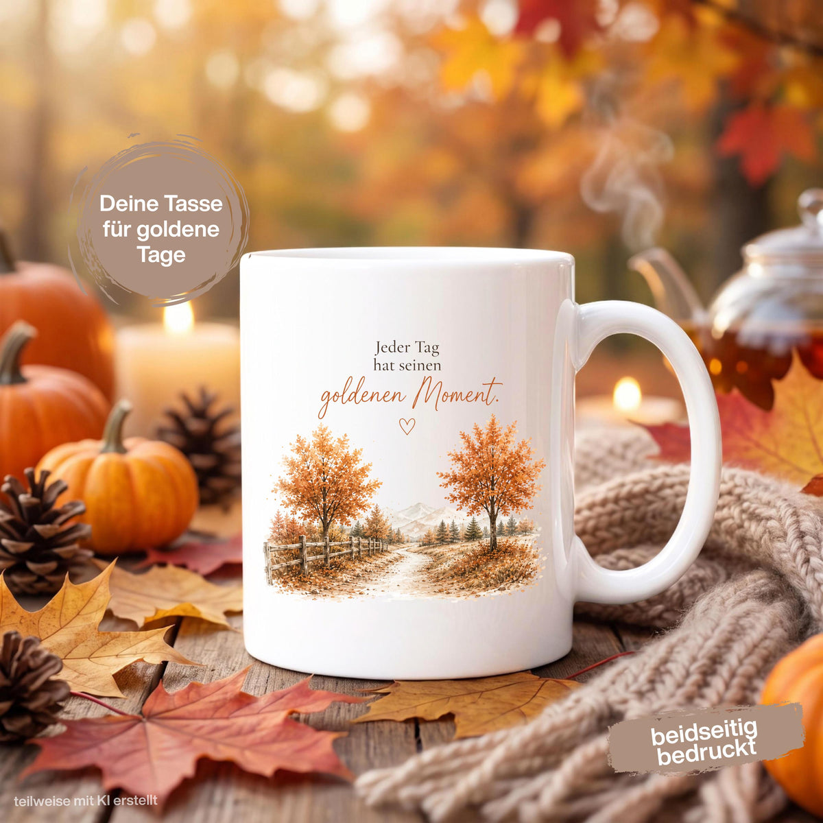 Herbst Tasse mit Spruch „Jeder Tag hat seinen goldenen Moment“ als Geschenk für beste Freundin und Geschenk für Kaffeeliebhaber. Weiße Keramiktasse 330 ml beidseitig bedruckt mit herbstlicher Landschaft, goldenen Bäumen und warmen Naturfarben. Herbsttasse für Herbstzeit und Cozy Season, Kaffeeliebhaber Geschenk, Herbst Geschenk, Selfcare Geschenk und Me Time Geschenk für Freundin, Mama oder Schwester. Keramiktasse mit Produktion und Versand aus Deutschland.  geschenk beste freundin, Herbsttasse