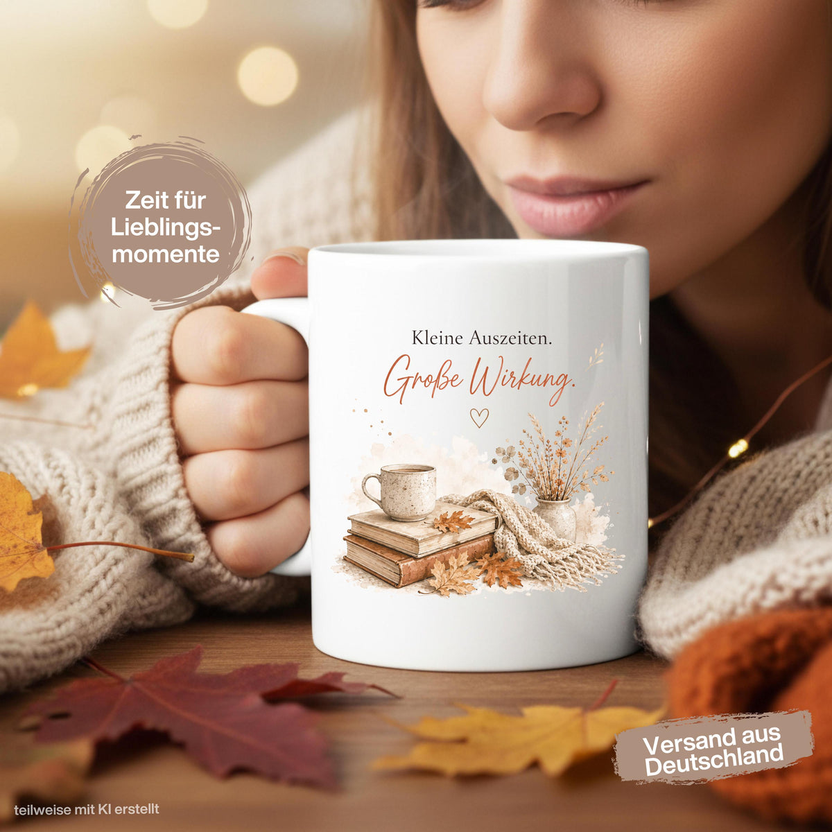 Herbst Tasse mit Spruch „Kleine Auszeiten. Große Wirkung“ als Me Time Geschenk, Selfcare Geschenk und Geschenk für beste Freundin. Weiße Keramiktasse, ideal als Geschenk für Kaffeeliebhaber und Kaffeeliebhaber Geschenk. Herbsttasse für Herbstzeit und Cozy Season mit gemütlichem Motiv aus  Herbstblättern. Keramiktasse als Herbst Geschenk für Freundin, Mama, Schwester, Leseratten und Kaffeefans. Gemütliche Tasse Herbst für entspannte Kaffeepausen, Lesestunden und kleine Auszeiten im Alltag.