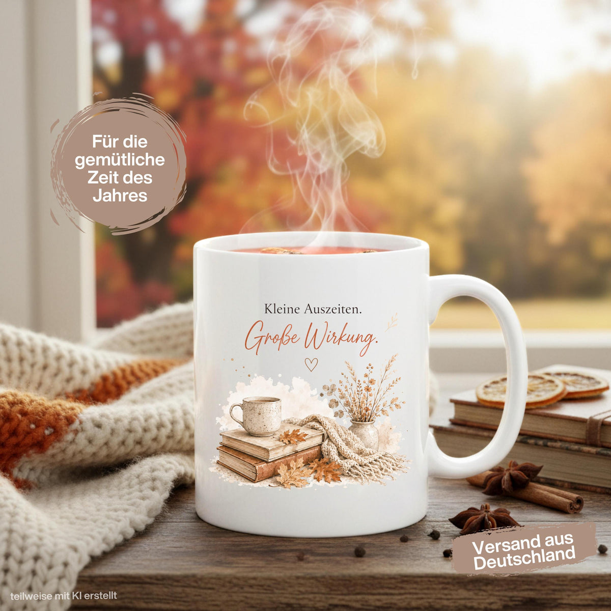 Herbst Tasse mit Spruch „Kleine Auszeiten. Große Wirkung“ als Me Time Geschenk, Selfcare Geschenk und Geschenk für beste Freundin. Weiße Keramiktasse, ideal als Geschenk für Kaffeeliebhaber und Kaffeeliebhaber Geschenk. Herbsttasse für Herbstzeit und Cozy Season mit gemütlichem Motiv aus  Herbstblättern. Keramiktasse als Herbst Geschenk für Freundin, Mama, Schwester, Leseratten und Kaffeefans. Gemütliche Tasse Herbst für entspannte Kaffeepausen, Lesestunden und kleine Auszeiten im Alltag.