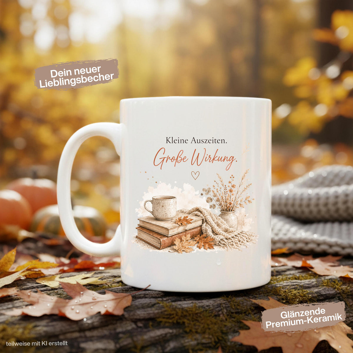 Herbst Tasse mit Spruch „Kleine Auszeiten. Große Wirkung“ als Me Time Geschenk, Selfcare Geschenk und Geschenk für beste Freundin. Weiße Keramiktasse, ideal als Geschenk für Kaffeeliebhaber und Kaffeeliebhaber Geschenk. Herbsttasse für Herbstzeit und Cozy Season mit gemütlichem Motiv aus  Herbstblättern. Keramiktasse als Herbst Geschenk für Freundin, Mama, Schwester, Leseratten und Kaffeefans. Gemütliche Tasse Herbst für entspannte Kaffeepausen, Lesestunden und kleine Auszeiten im Alltag.