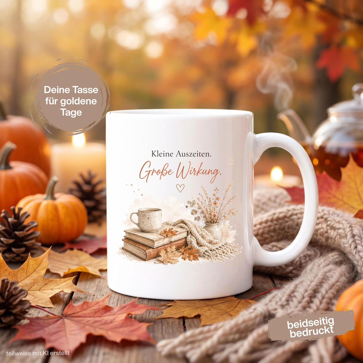 Herbst Tasse mit Spruch „Kleine Auszeiten. Große Wirkung“ als Me Time Geschenk, Selfcare Geschenk und Geschenk für beste Freundin. Weiße Keramiktasse, ideal als Geschenk für Kaffeeliebhaber und Kaffeeliebhaber Geschenk. Herbsttasse für Herbstzeit und Cozy Season mit gemütlichem Motiv aus  Herbstblättern. Keramiktasse als Herbst Geschenk für Freundin, Mama, Schwester, Leseratten und Kaffeefans. Gemütliche Tasse Herbst für entspannte Kaffeepausen, Lesestunden und kleine Auszeiten im Alltag.