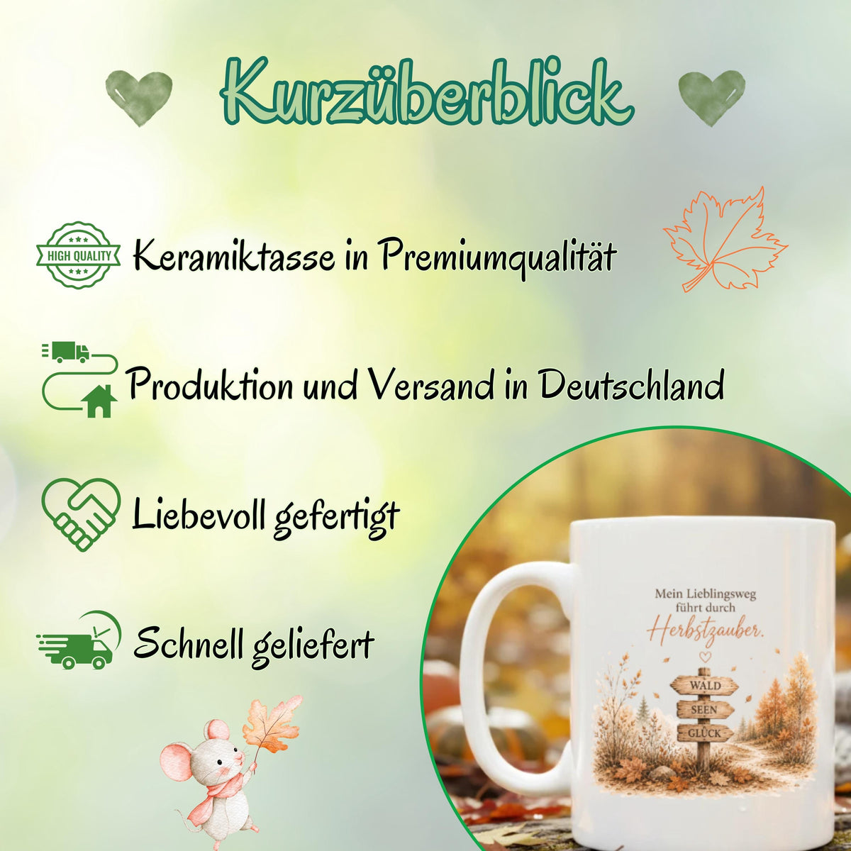 Herbst Tasse mit Spruch „Mein Lieblingsweg führt durch Herbstzauber“ als Geschenk für beste Freundin und Geschenk für Kaffeeliebhaber. Weiße Keramiktasse 330 ml beidseitig bedruckt mit herbstlichem Waldmotiv und Wegweiser Wald Seen Glück. Herbsttasse für Herbstzeit, Cozy Season, Naturfreunde und Waldliebhaber. Kaffeeliebhaber Geschenk, Herbst Geschenk, Me Time Geschenk und Selfcare Geschenk für Freundin, Mama oder Schwester. geschenk beste freundin, geschenk kaffeeliebhaber, herbsttasse
