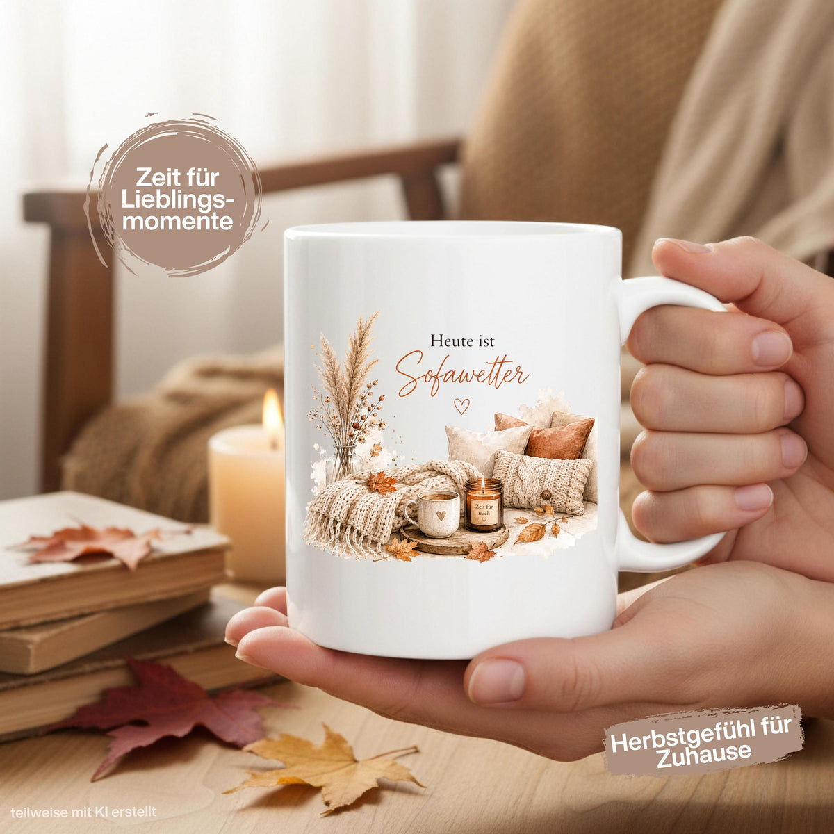 Herbst Tasse mit Spruch „Heute ist Sofawetter“ als Me Time Geschenk, Selfcare Geschenk und Geschenk für beste Freundin. Weiße Keramiktasse 330 ml beidseitig bedruckt, ideal als Geschenk für Kaffeeliebhaber und Kaffeeliebhaber Geschenk. Herbsttasse für Herbstzeit und Cozy Season mit gemütlichem Motiv aus Sofa, Kerze & Herbstblättern. Keramiktasse als Herbst Geschenk für Freundin, Mama, Schwester, Cozy-Season-Fans und Kaffeefans. Gemütliche Tasse Herbst für entspannte Kaffeepausen und Sofamomente.